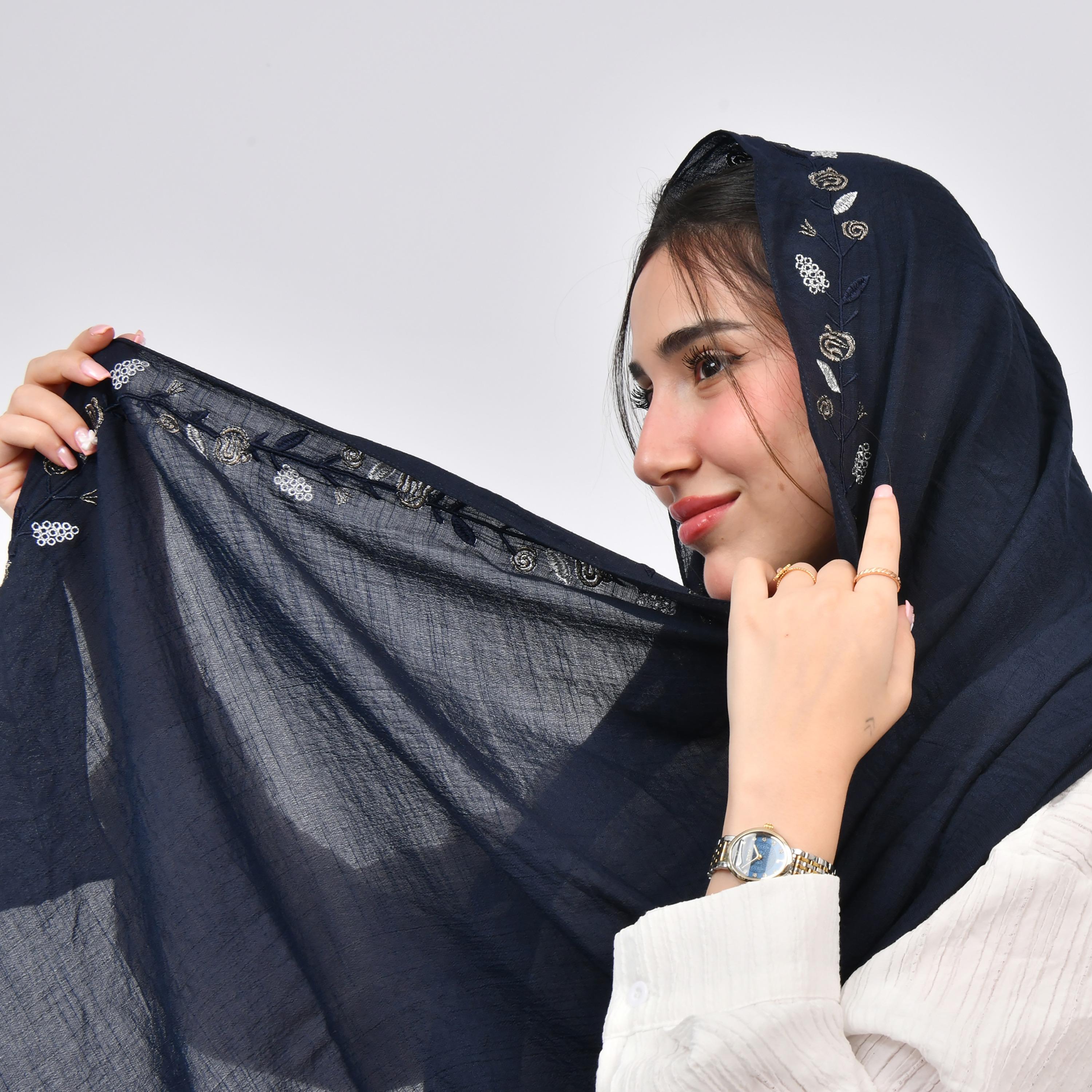 Hawraa Blue Embroidered Linen Women's Scarf-women-arabicclothing-headscarf-hijab-image-4
