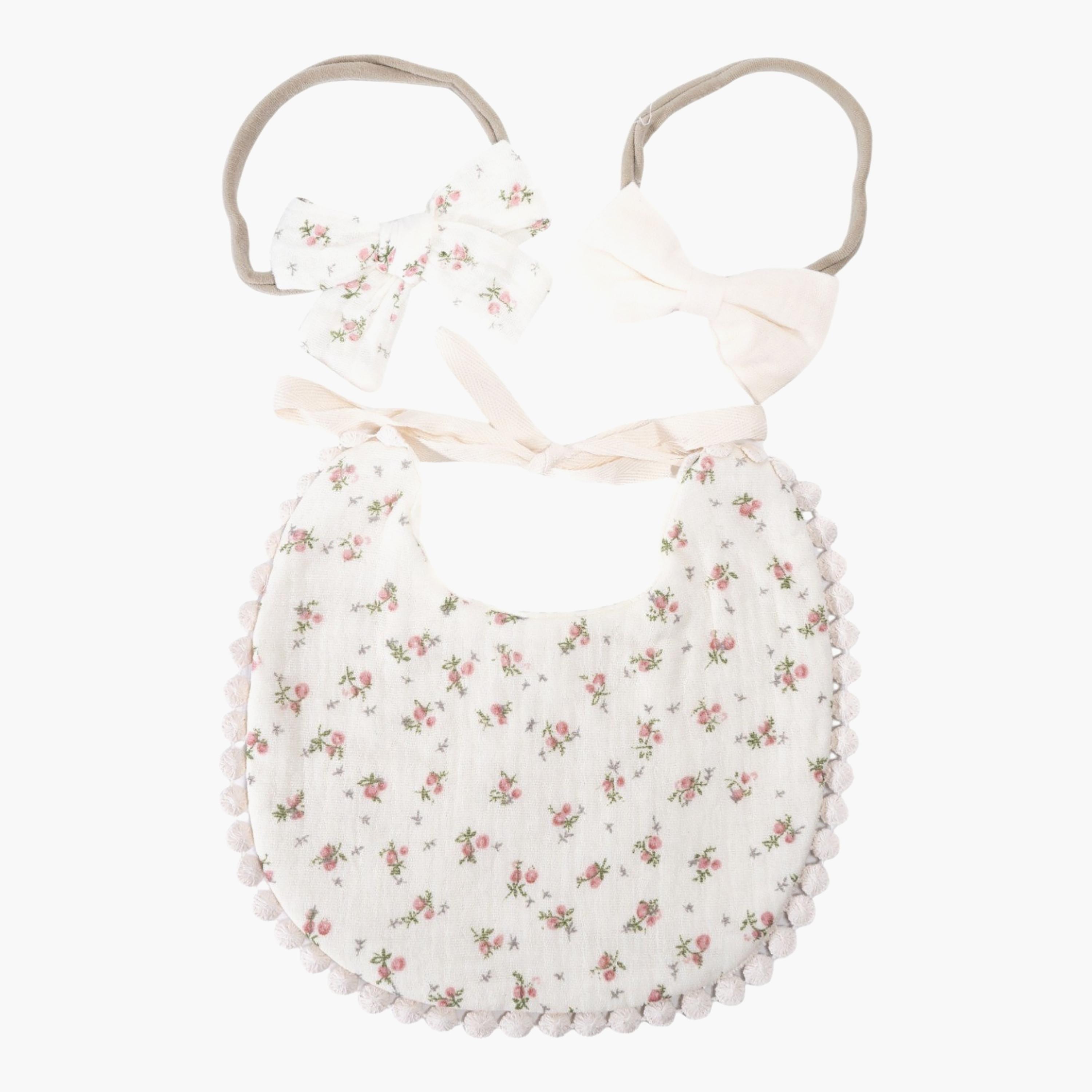 Bambimici Ava Flower Printed Bib & Ribbon Bow Headband Set-baby-feeding-bibs-image-1
