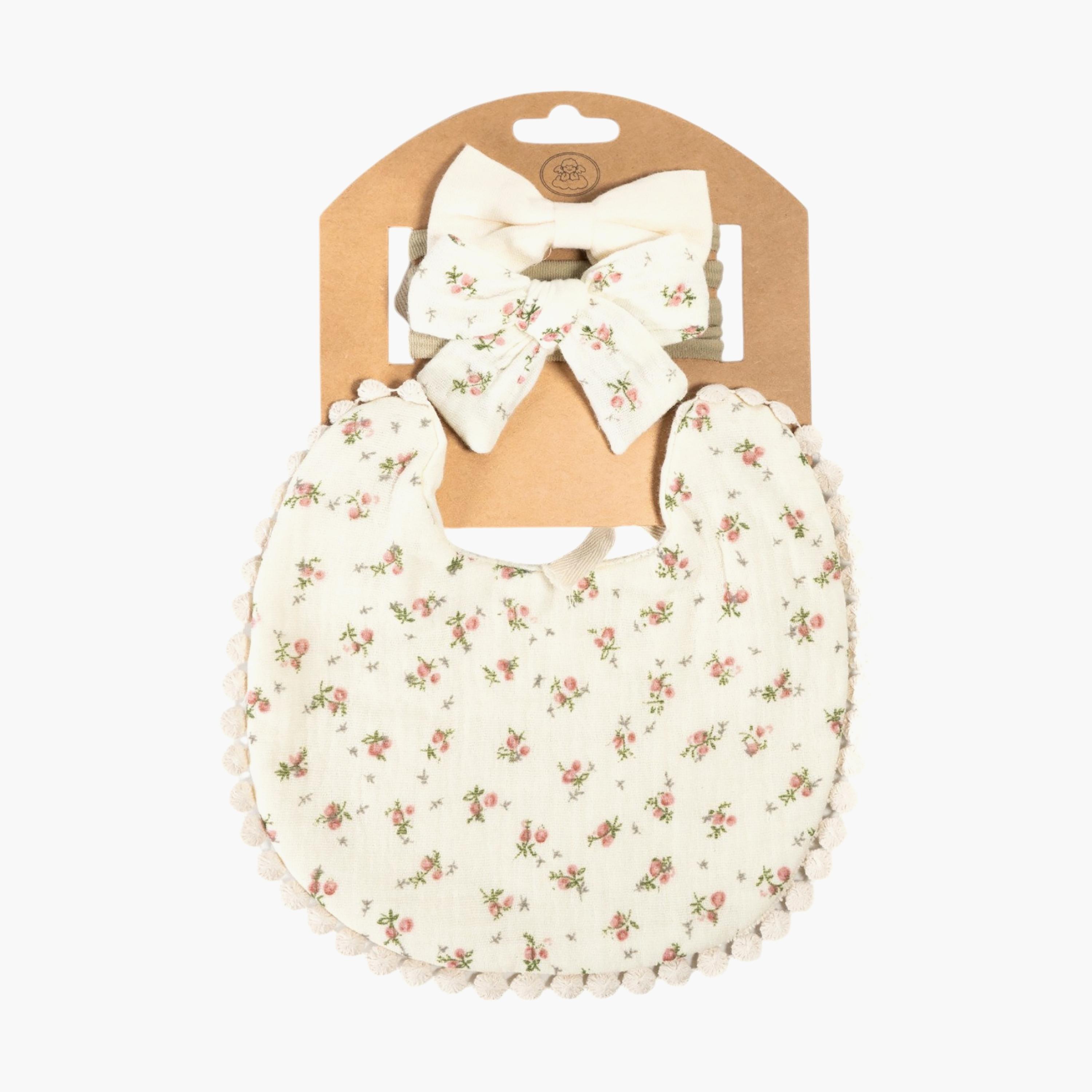 Bambimici Ava Flower Printed Bib & Ribbon Bow Headband Set-baby-feeding-bibs-image-3