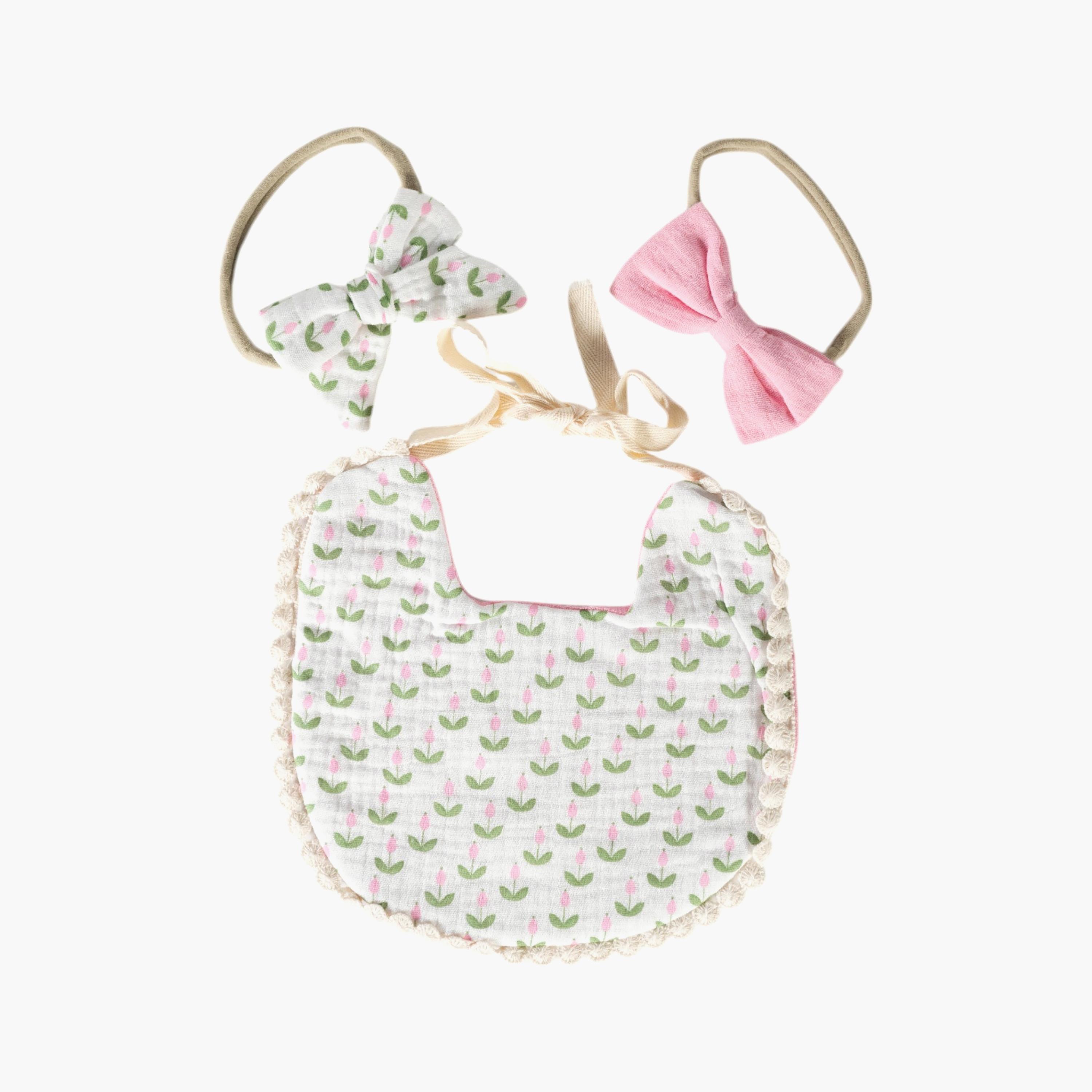 Bambimici Ava Tulip Flower Printed Bib & Ribbon Bow Headband Set-baby-feeding-bibs-image-1