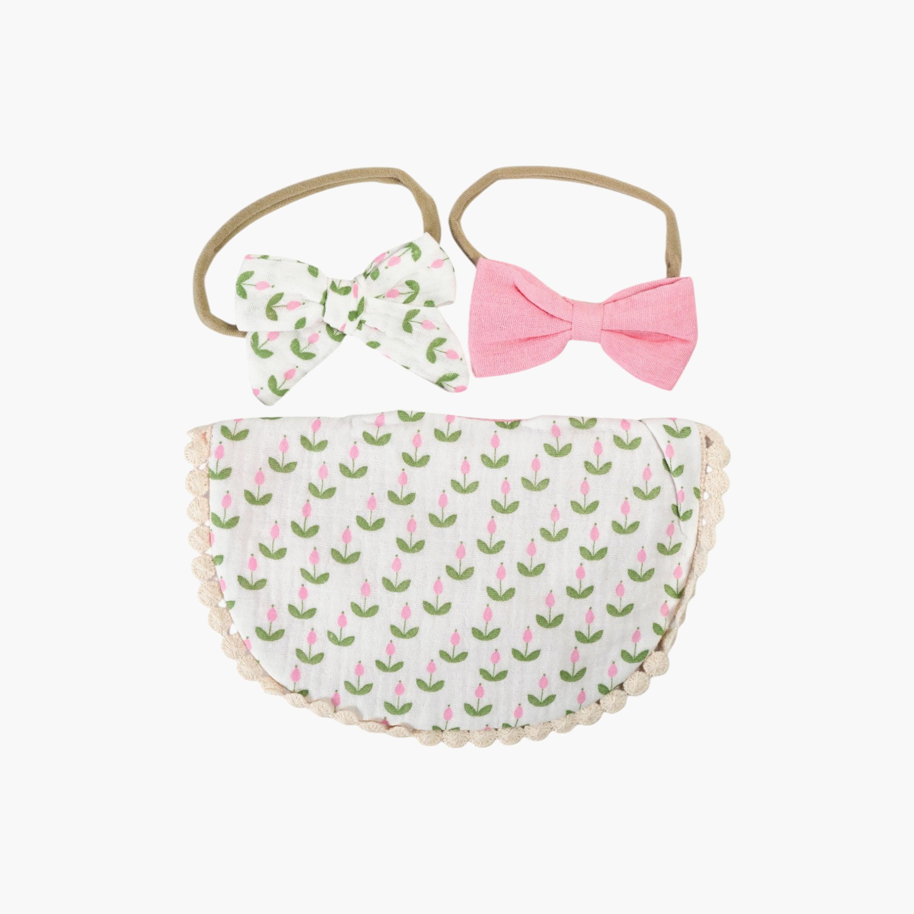 Bambimici Ava Tulip Flower Printed Bib & Ribbon Bow Headband Set-baby-feeding-bibs-image-2
