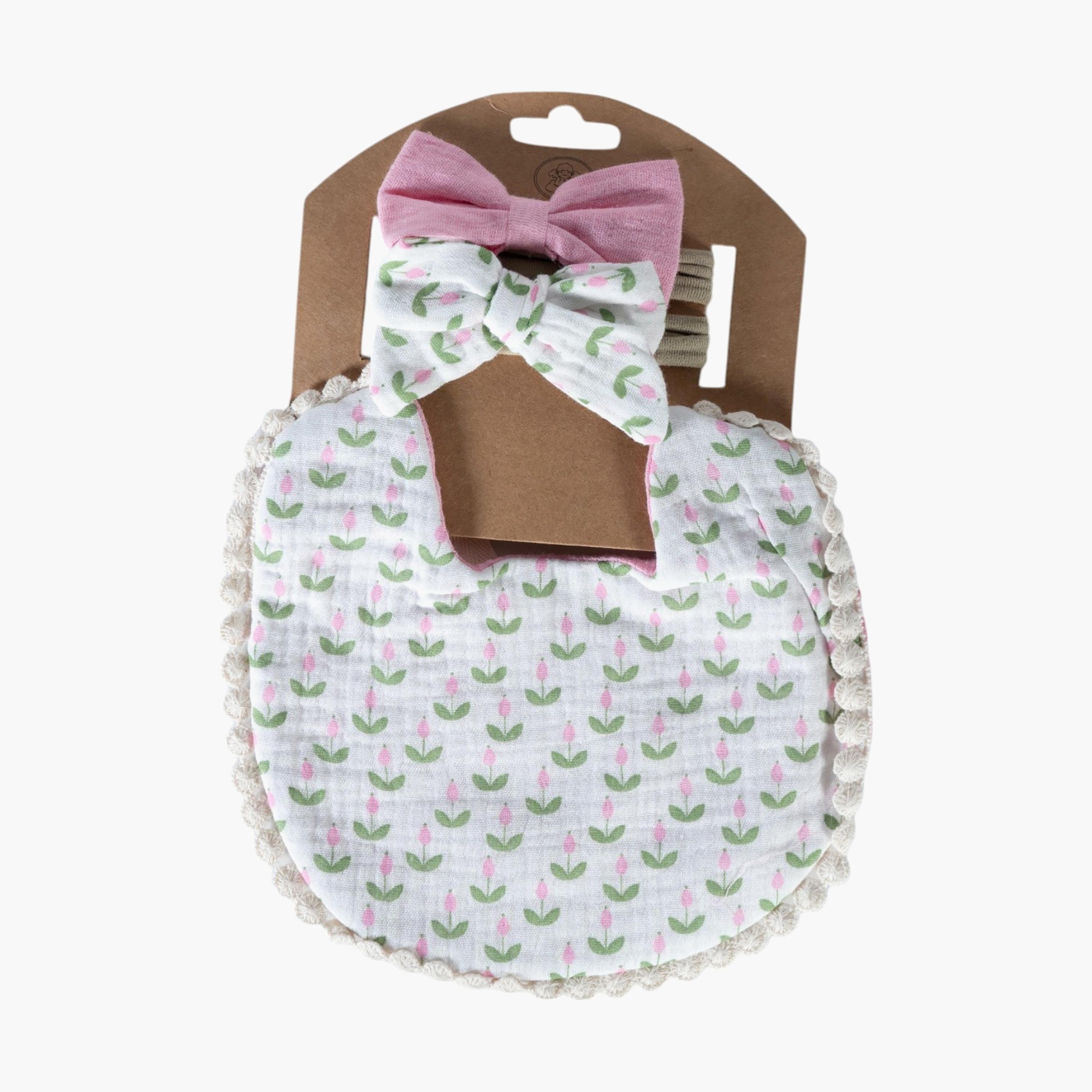 Bambimici Ava Tulip Flower Printed Bib & Ribbon Bow Headband Set-baby-feeding-bibs-image-3
