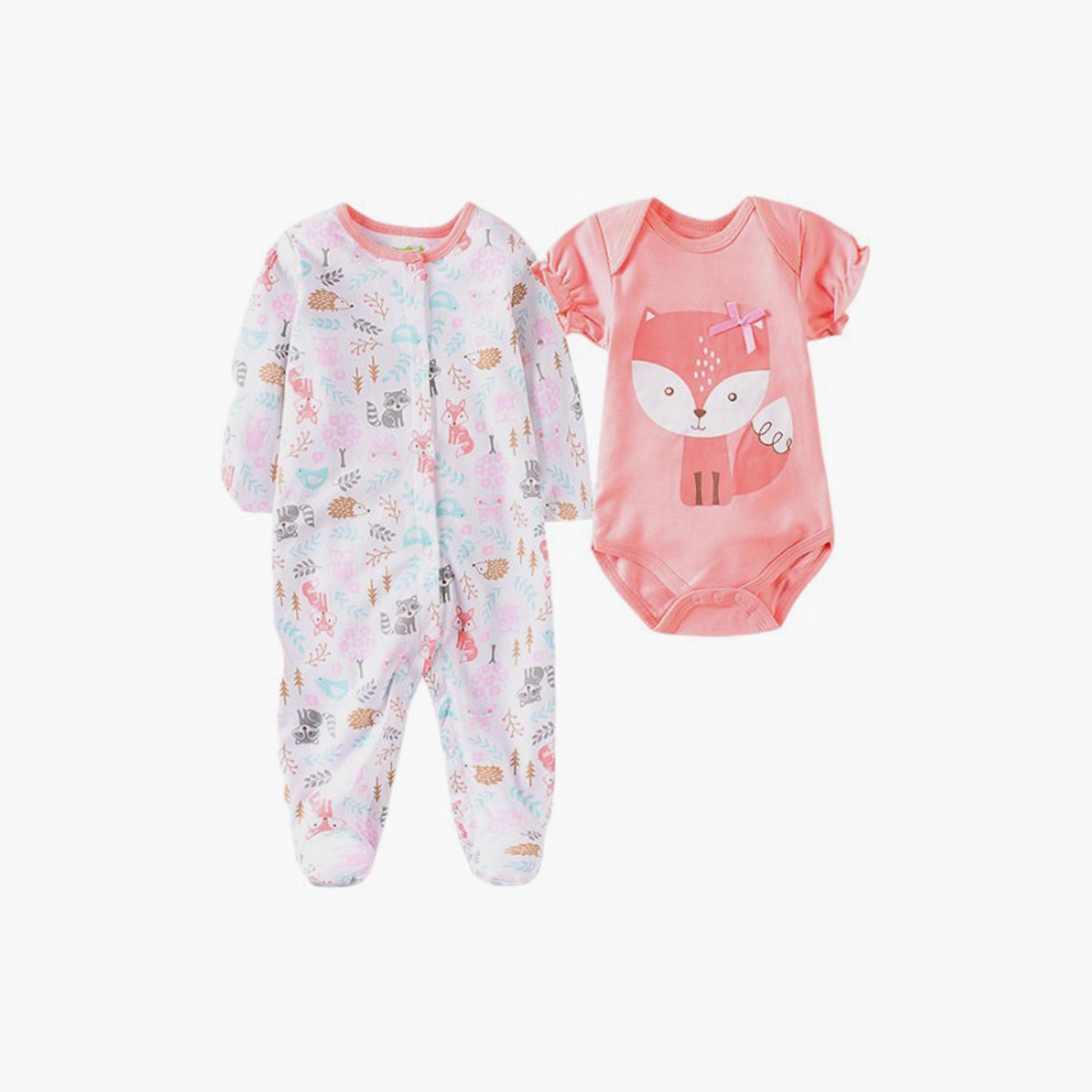 Bambimici 2-Piece Fox Printed Long Sleeves Bodysuits with Bib-baby-girls-clothing-bodysuits-image-2