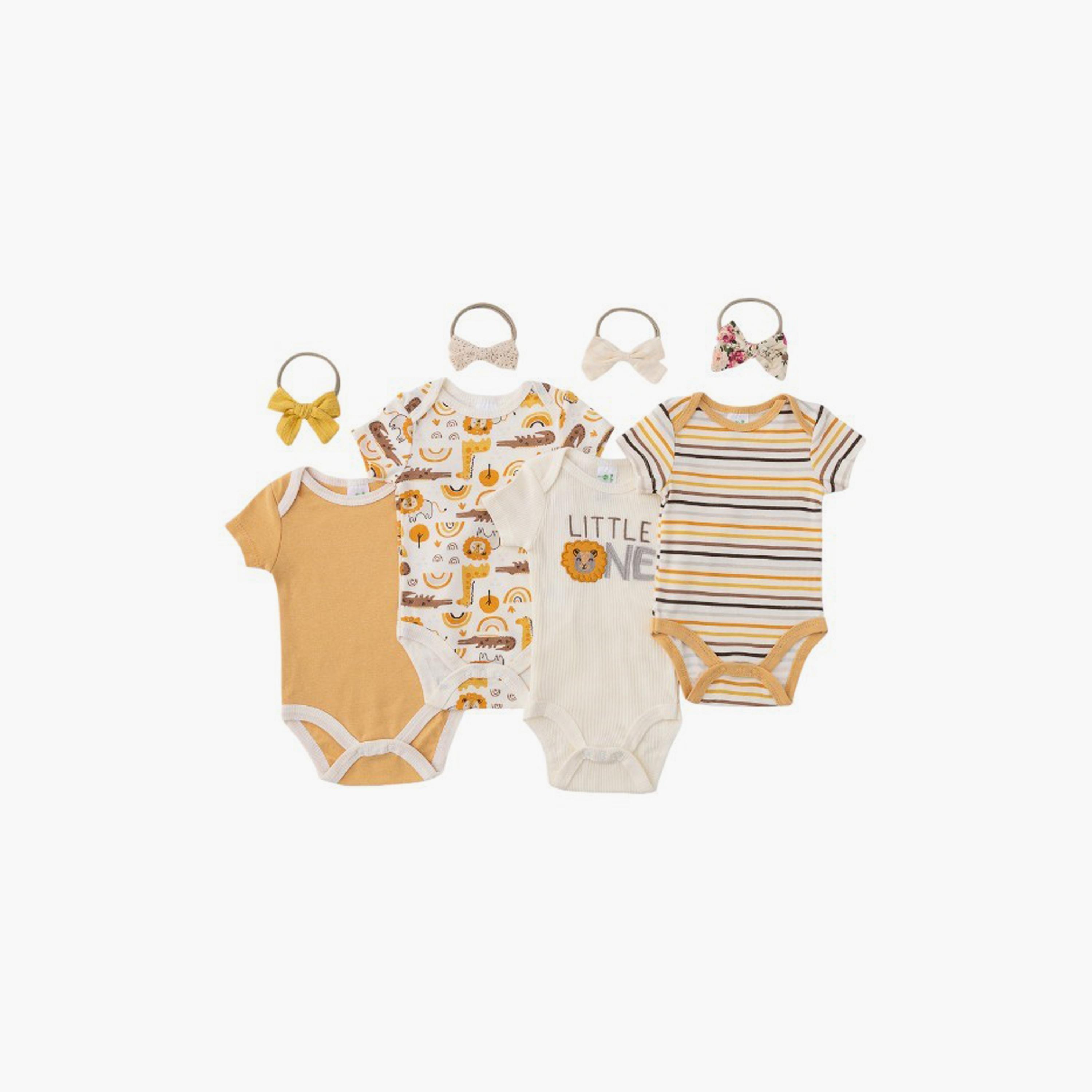 Bambimici 4-Piece Lion Print Short Sleeves Bodysuits with 4-Piece Headbands-baby-girls-clothing-bodysuits-image-1