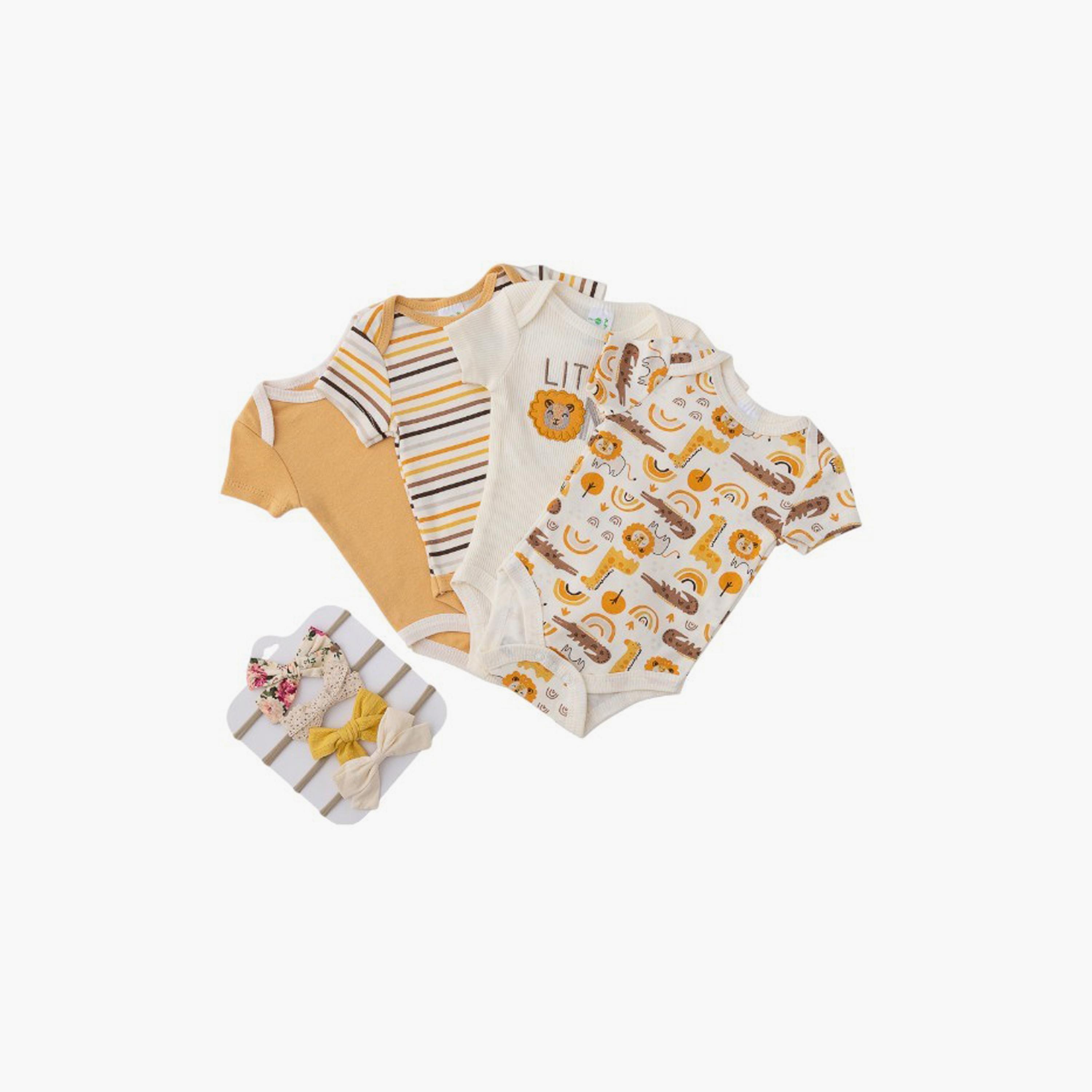 Bambimici 4-Piece Lion Print Short Sleeves Bodysuits with 4-Piece Headbands-baby-girls-clothing-bodysuits-image-3