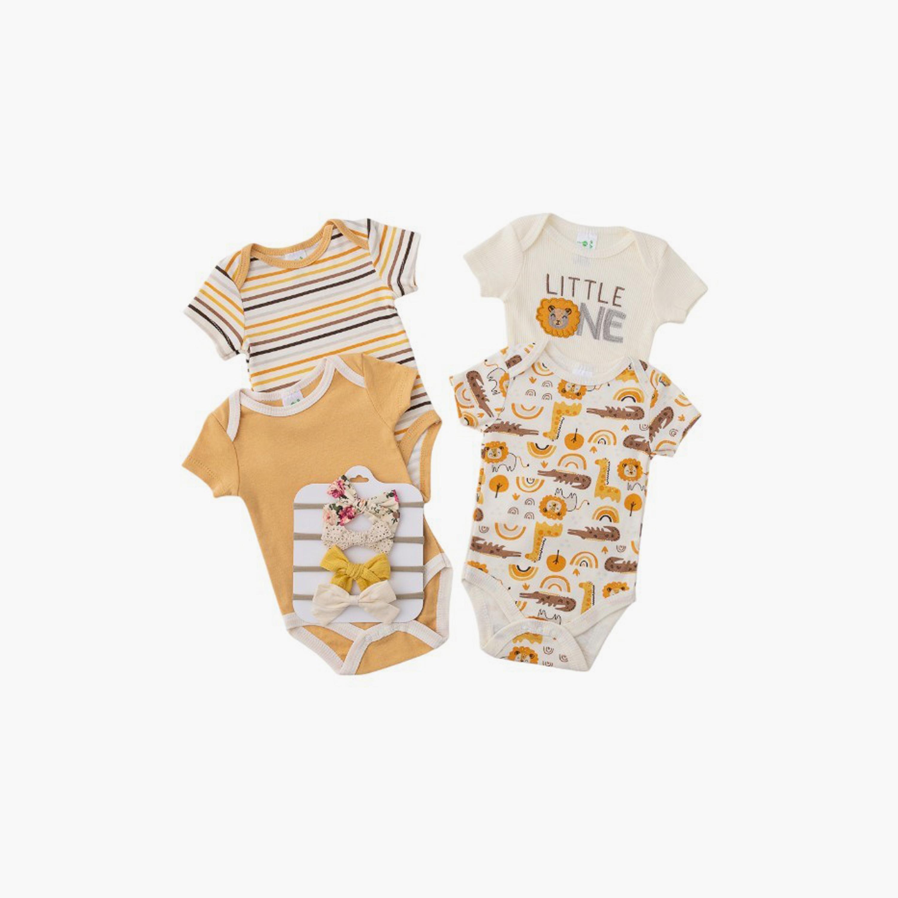 Bambimici 4-Piece Lion Print Short Sleeves Bodysuits with 4-Piece Headbands-baby-girls-clothing-bodysuits-image-4