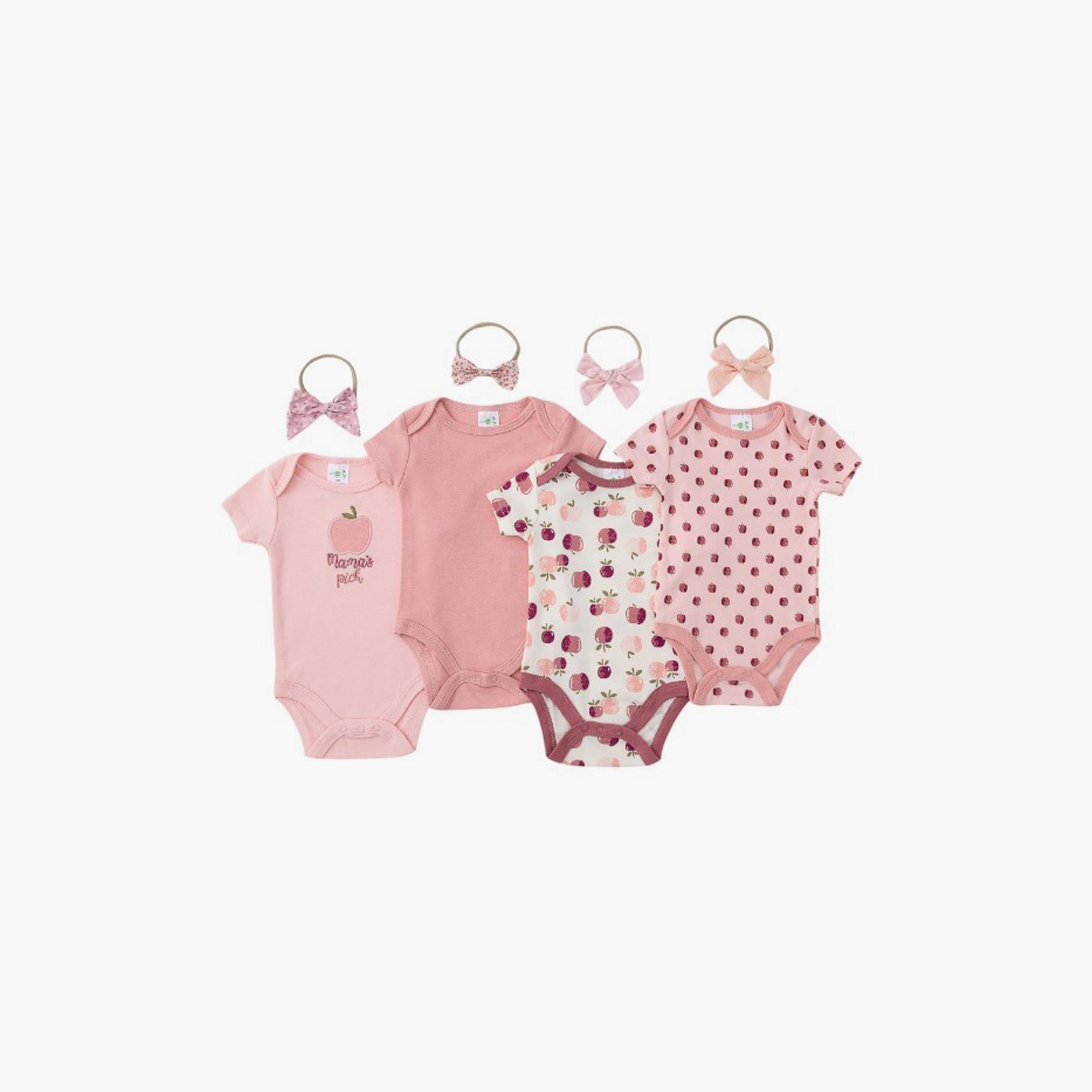 مجموعة بيبي سوت 4 قطع بطبعة تفاح وأكمام قصيرة مع عصابات رأس 4 قطع من بامبيميسي-baby-girls-clothing-bodysuits-image-1