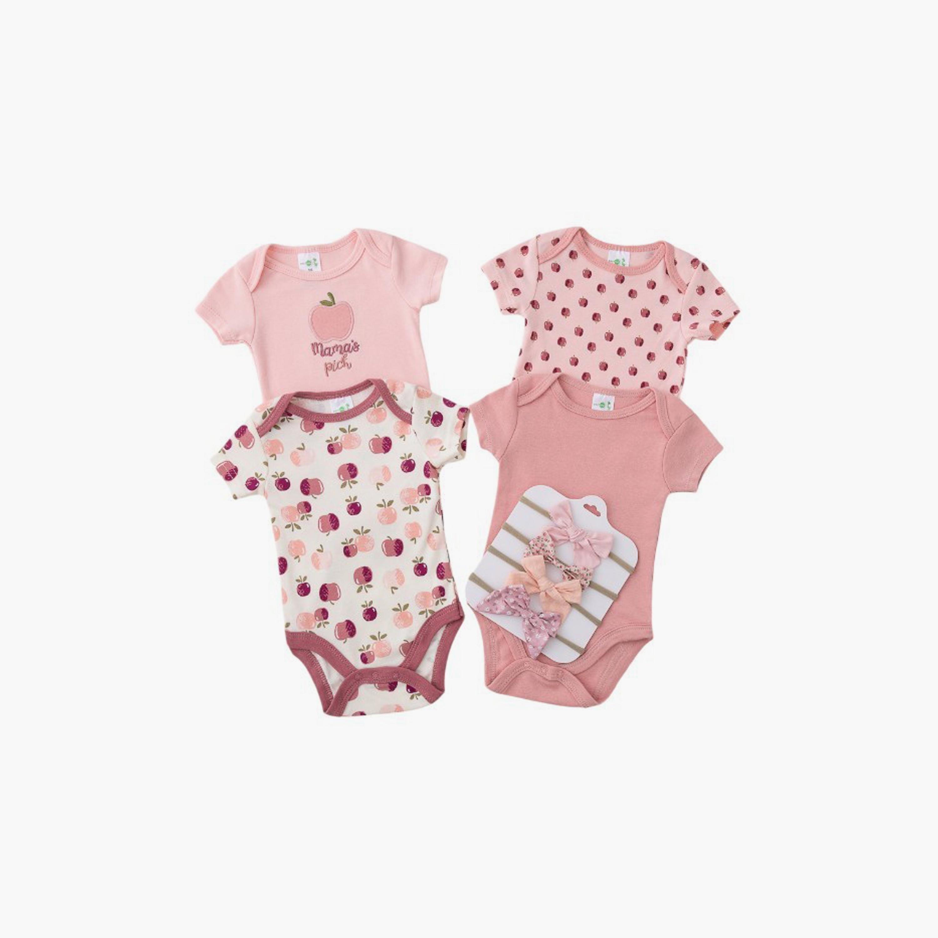 مجموعة بيبي سوت 4 قطع بطبعة تفاح وأكمام قصيرة مع عصابات رأس 4 قطع من بامبيميسي-baby-girls-clothing-bodysuits-image-2