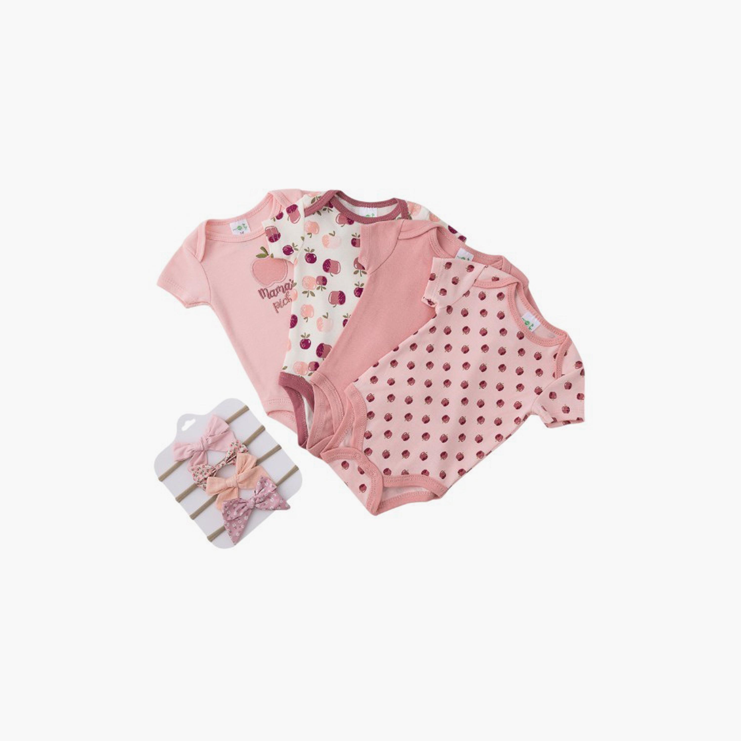 مجموعة بيبي سوت 4 قطع بطبعة تفاح وأكمام قصيرة مع عصابات رأس 4 قطع من بامبيميسي-baby-girls-clothing-bodysuits-image-3