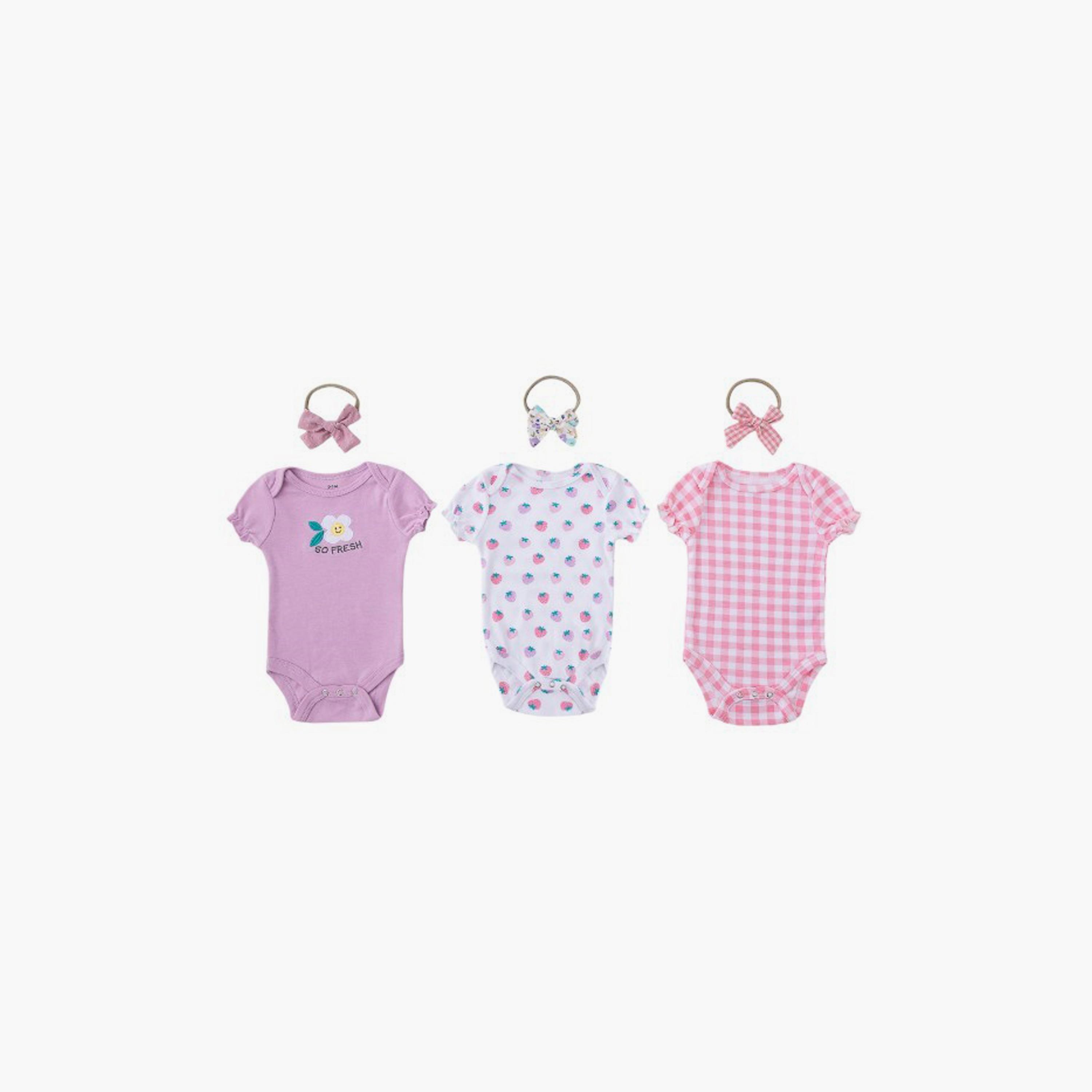 Bambimici 3-Piece Strawberry Print Short Sleeves Bodysuits with 3-Piece Headbands-baby-girls-clothing-bodysuits-image-1