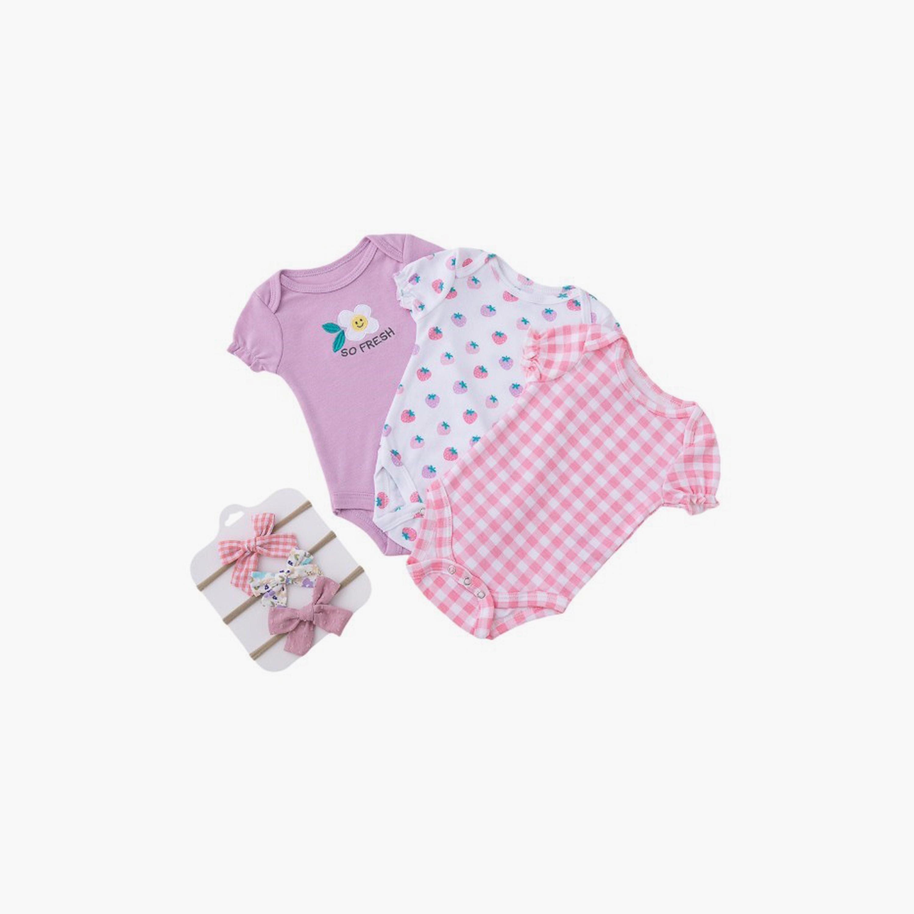 Bambimici 3-Piece Strawberry Print Short Sleeves Bodysuits with 3-Piece Headbands-baby-girls-clothing-bodysuits-image-2