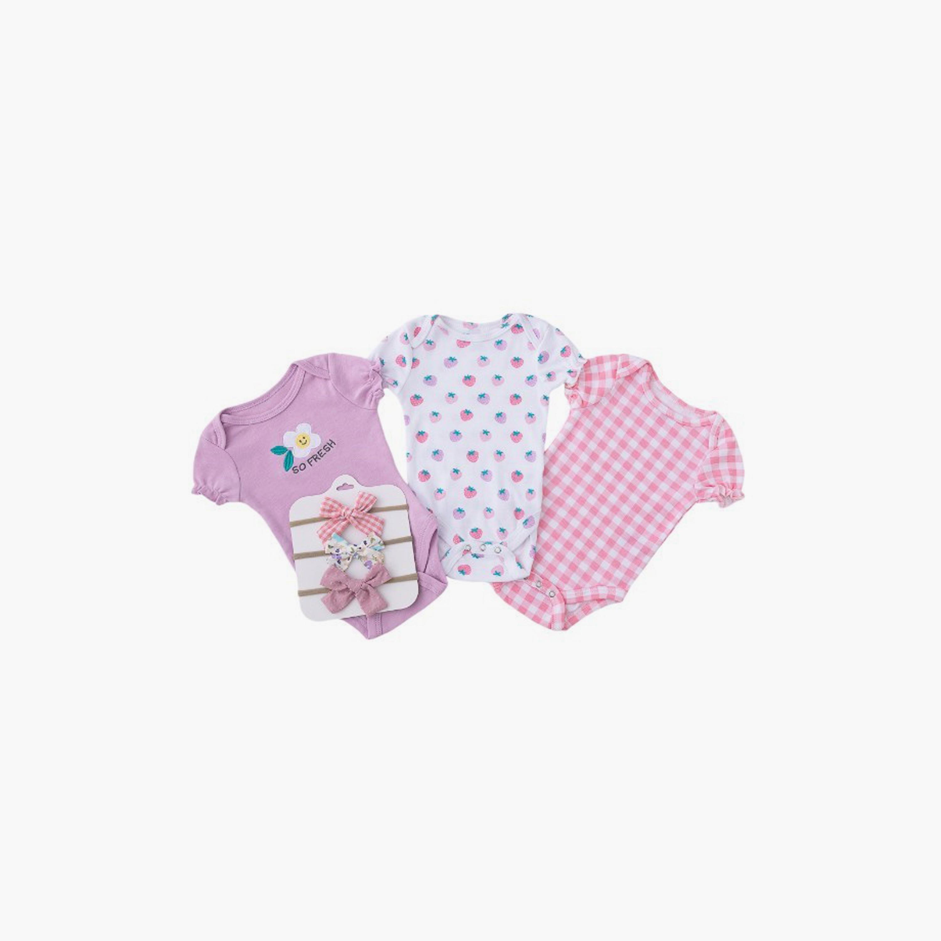 Bambimici 3-Piece Strawberry Print Short Sleeves Bodysuits with 3-Piece Headbands-baby-girls-clothing-bodysuits-image-4