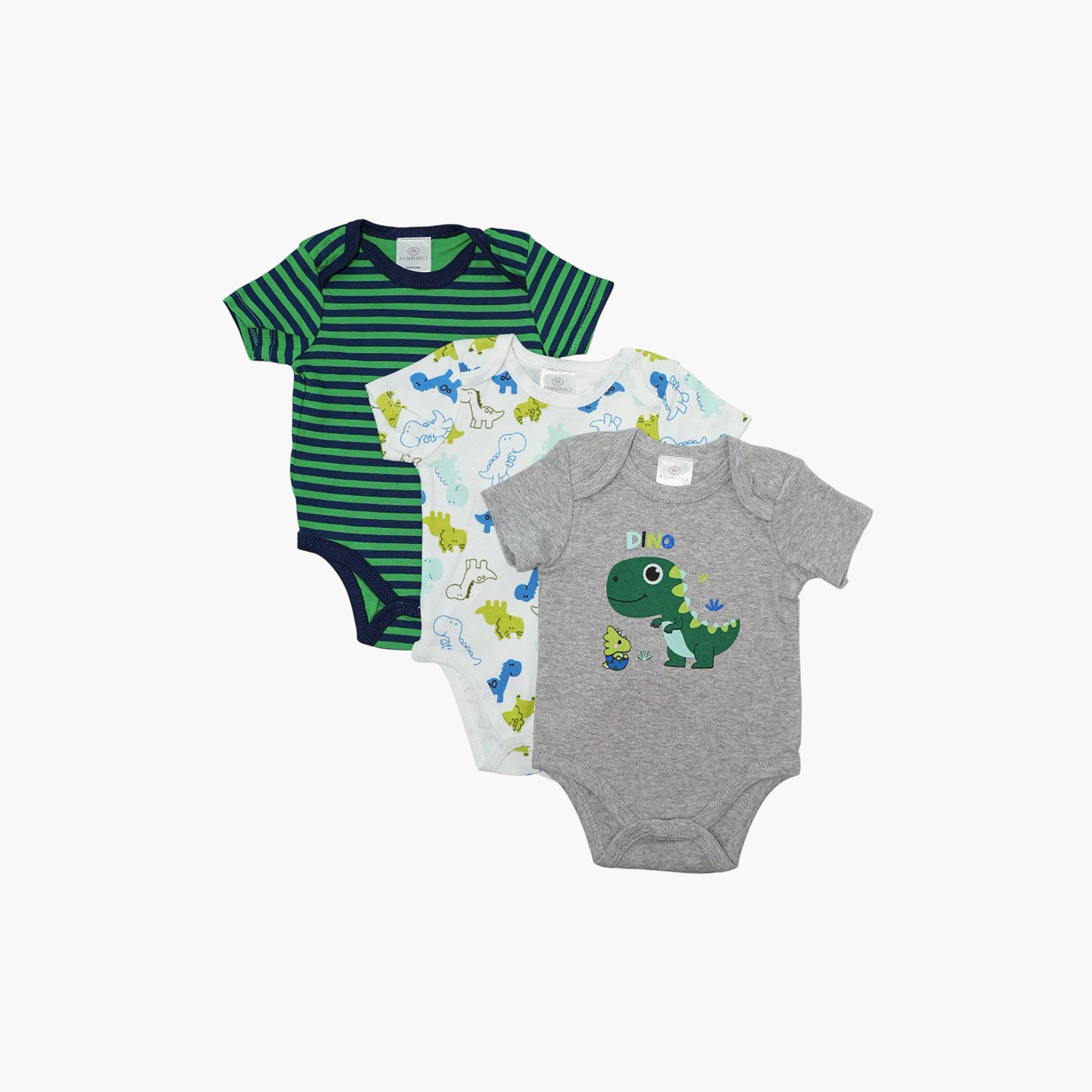 Bambimici 3-Piece Short Sleeves Dinosaur Printed Bodysuits Set-baby-boys-clothing-bodysuits-image-1