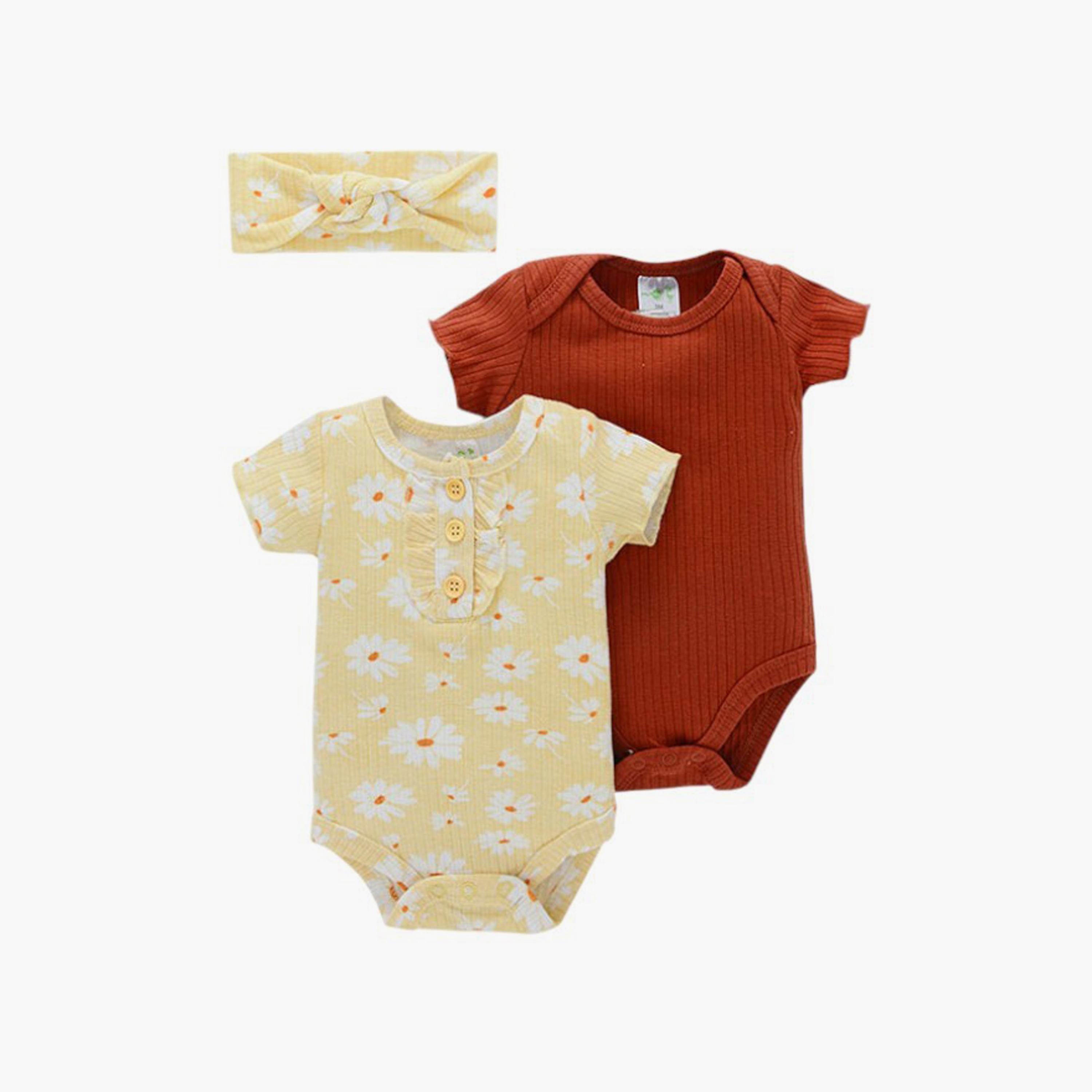 Bambimici 2-Piece Floral Short Sleeves Bodysuits with Headband-baby-girls-clothing-bodysuits-image-1