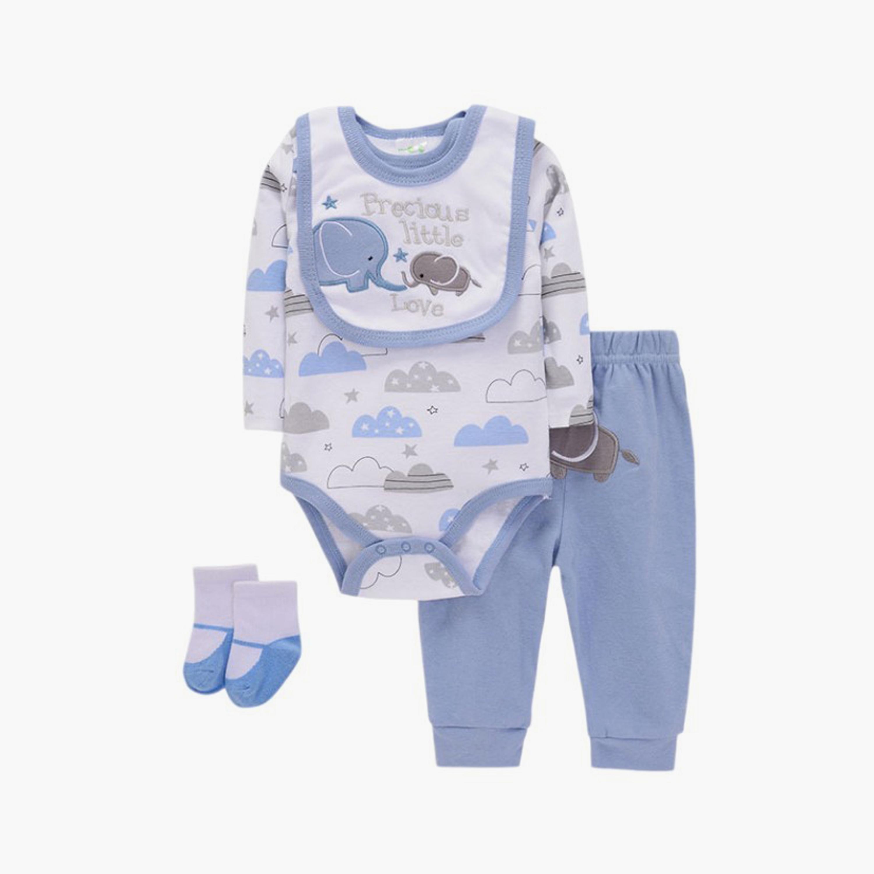 مجموعة بودي سوت 4 قطع بطبعة فيل وأكمام طويلة من بامبيميسي-baby-boys-clothing-setsandcoords-image-1