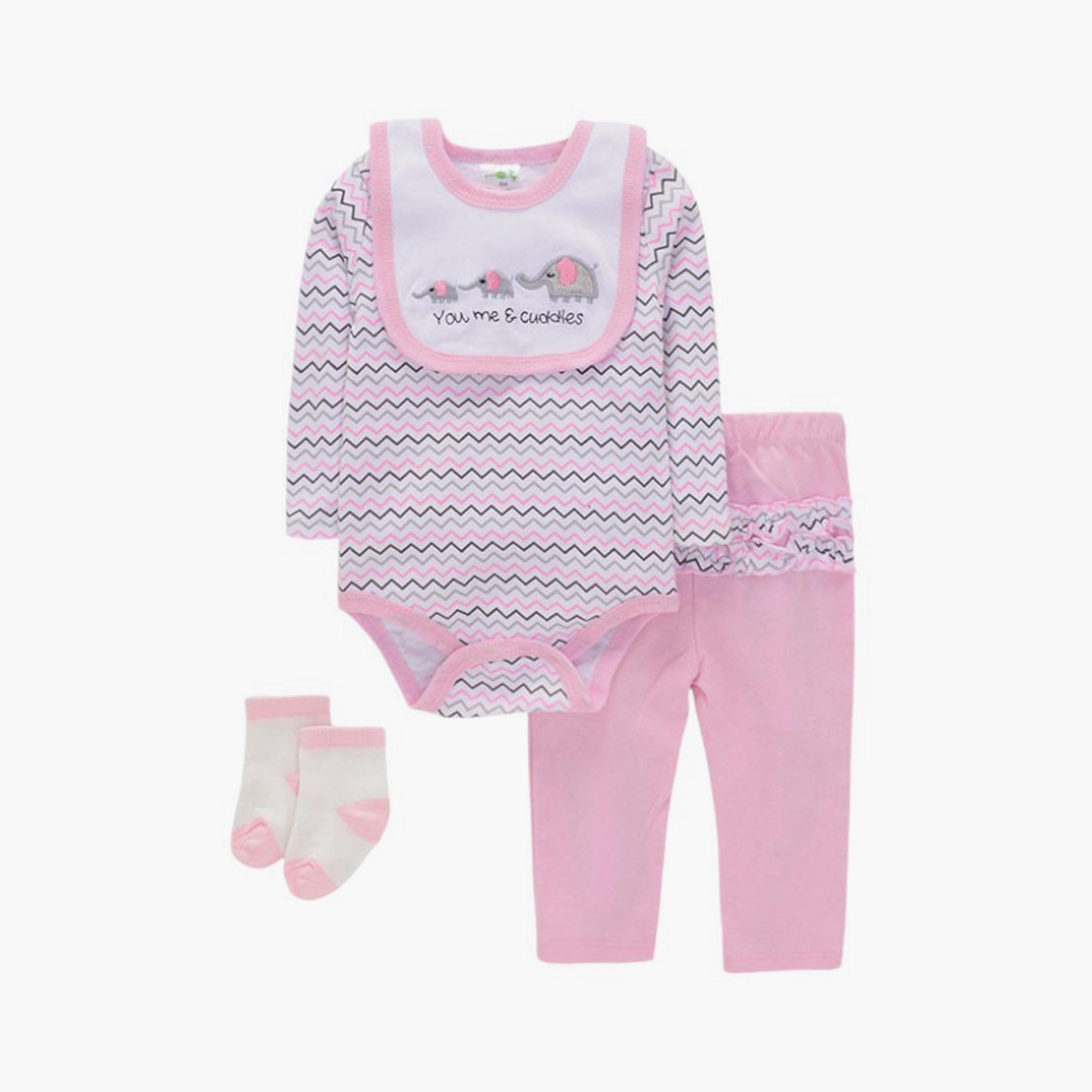 Bambimici 4-Piece Little Elephant Printed Long Sleeves Bodysuit Set-baby-girls-clothing-setsandcoords-image-1