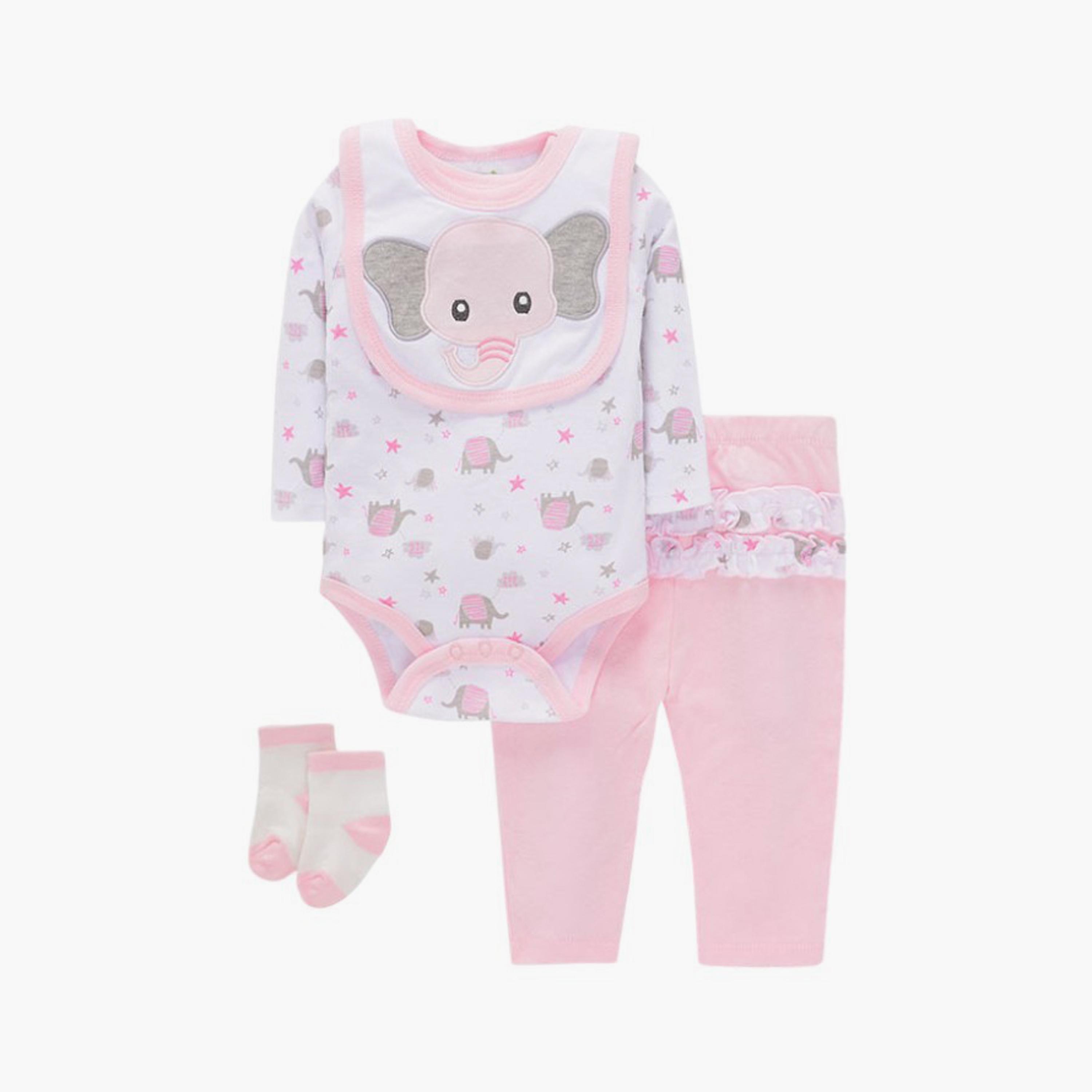 Bambimici 4-Piece Elephant Printed Long Sleeves Bodysuit Set-baby-girls-clothing-setsandcoords-image-1