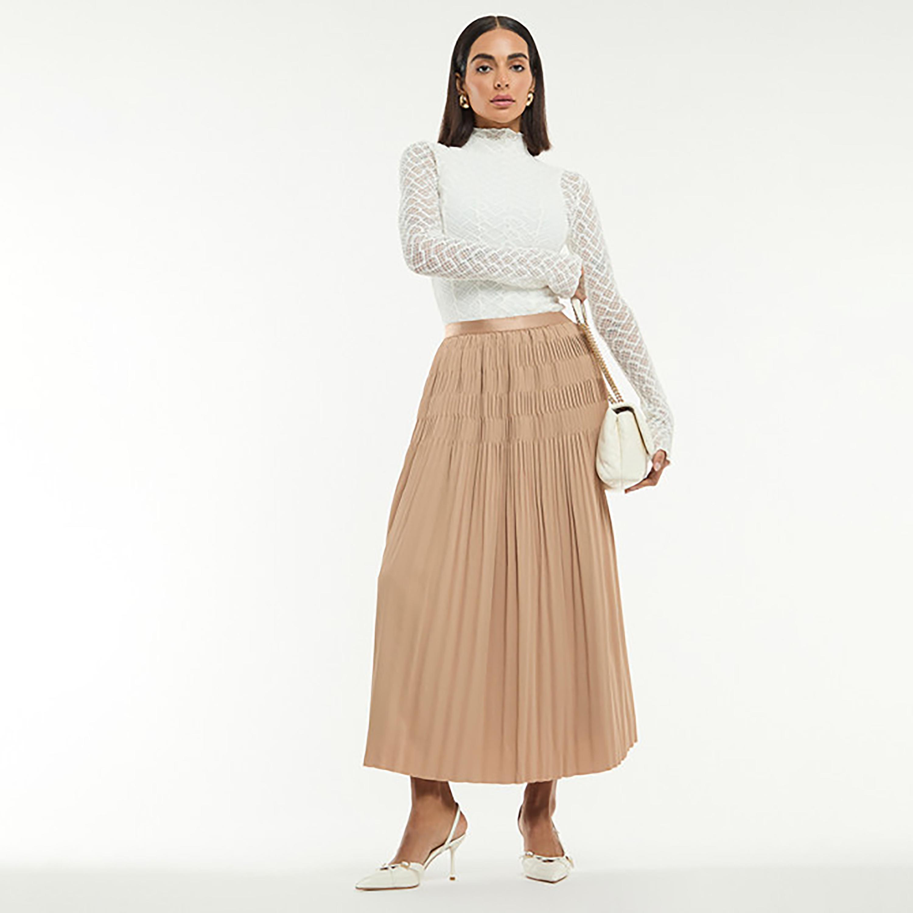 BCBG Beige Pleated Women's Midi Skirt-women-clothing-bottoms-skirts-image-2
