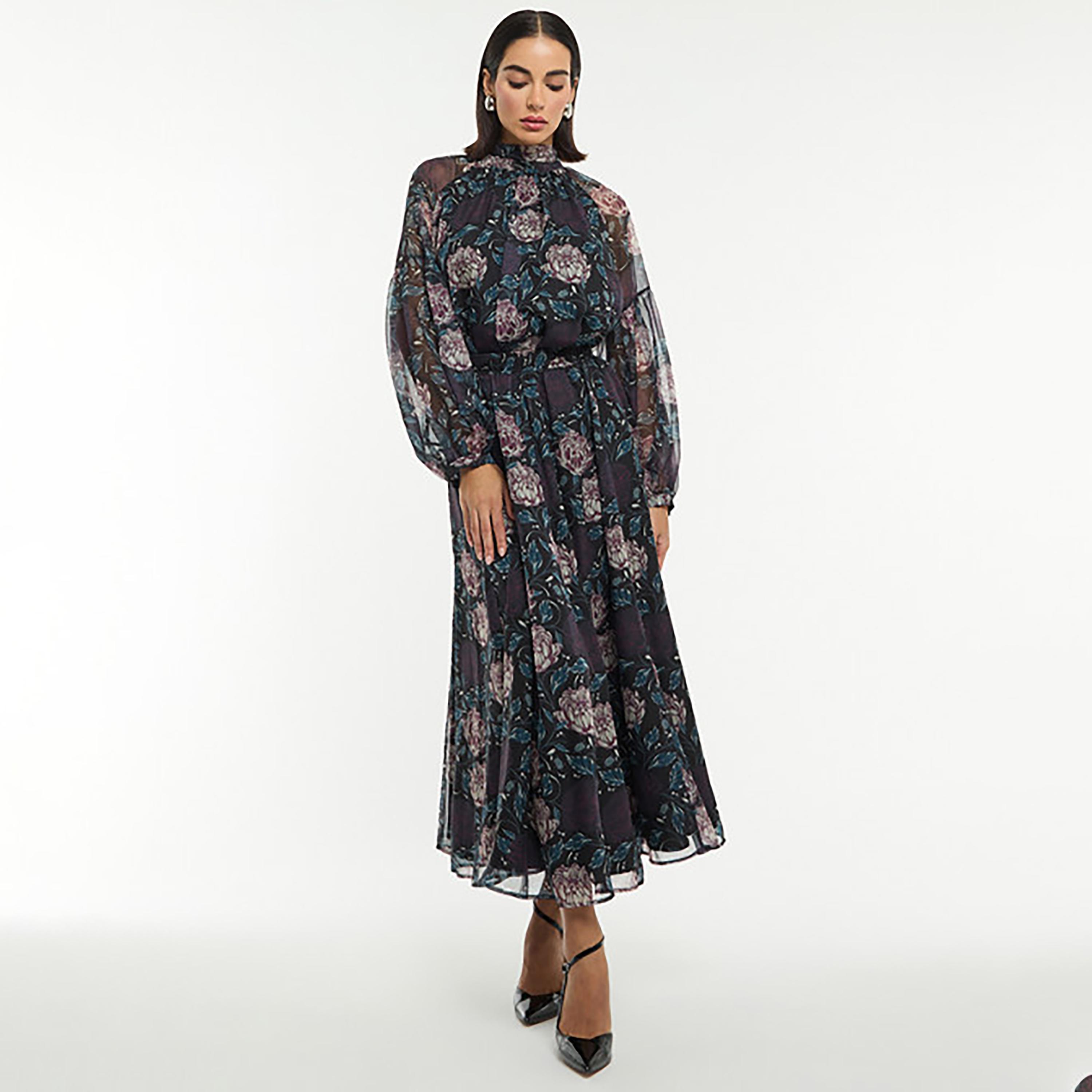 تنورة ميدي نسائية "بلاتيد" واسعة "فلير" بنقشة زهور لون أسود من بي سي بي جي-women-clothing-bottoms-skirts-image-2