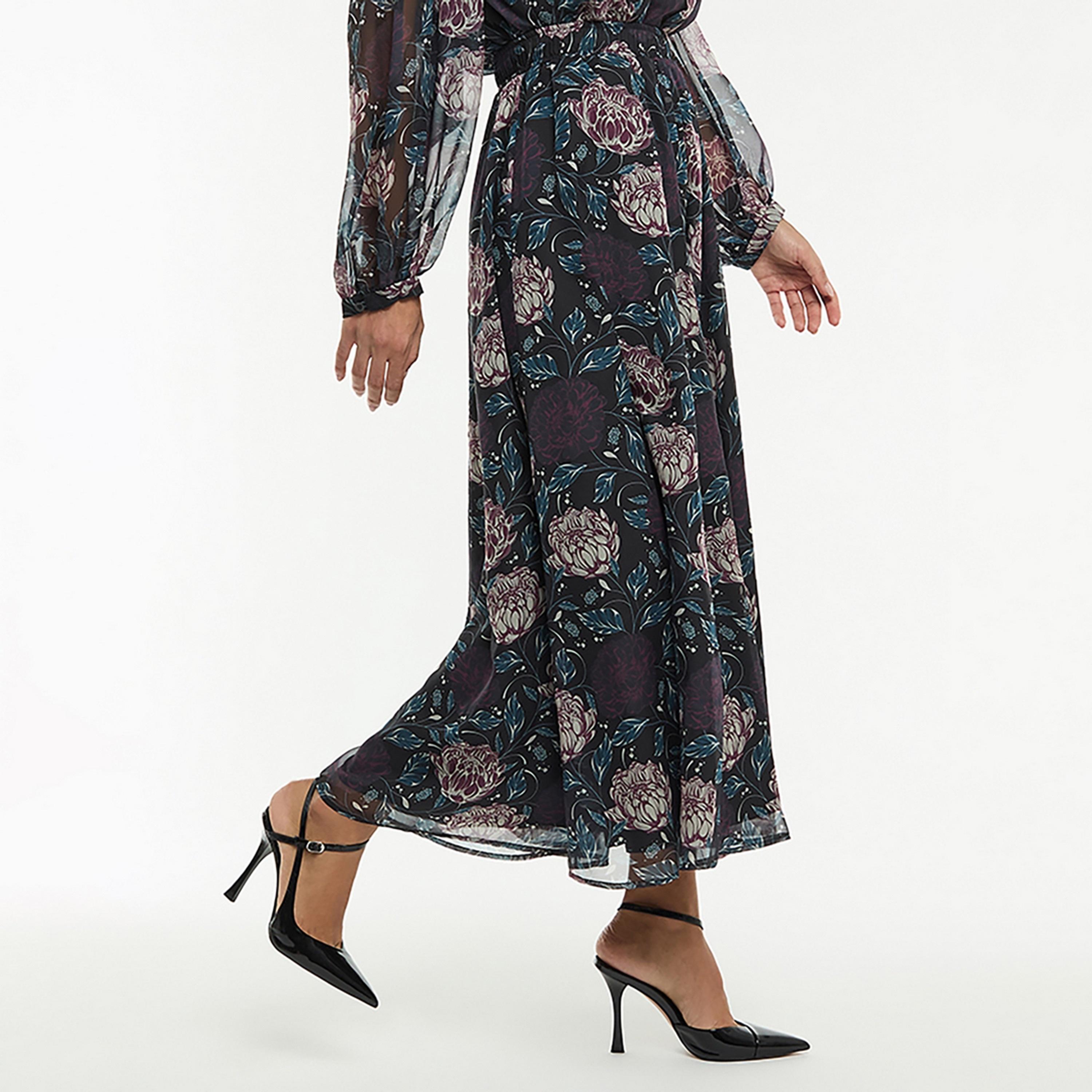 تنورة ميدي نسائية "بلاتيد" واسعة "فلير" بنقشة زهور لون أسود من بي سي بي جي-women-clothing-bottoms-skirts-image-3