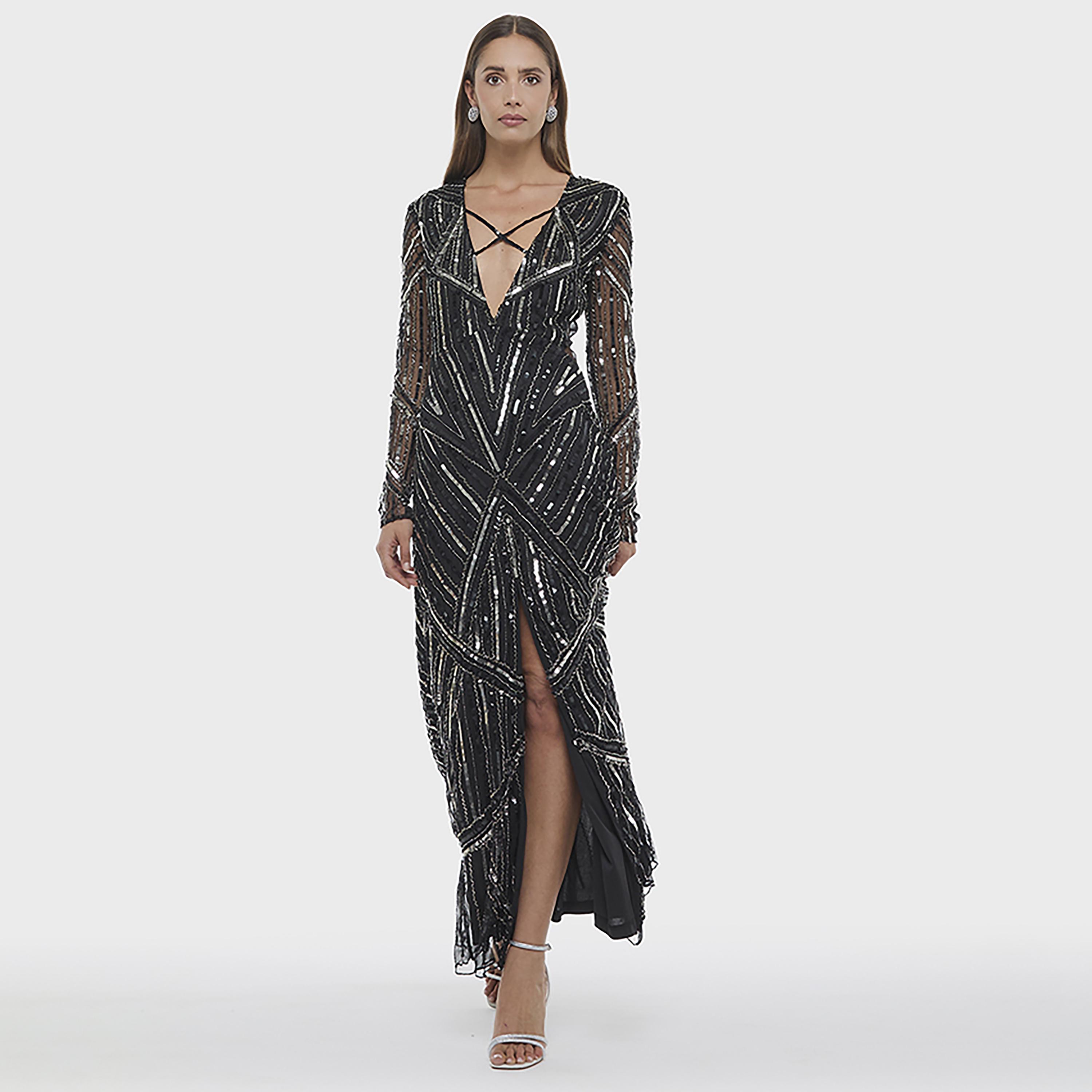 فستان سهرة ماكسي نسائي بتطريز ترتر وفتحة أمامية من بي سي بي جي-women-clothing-dresses-image-1