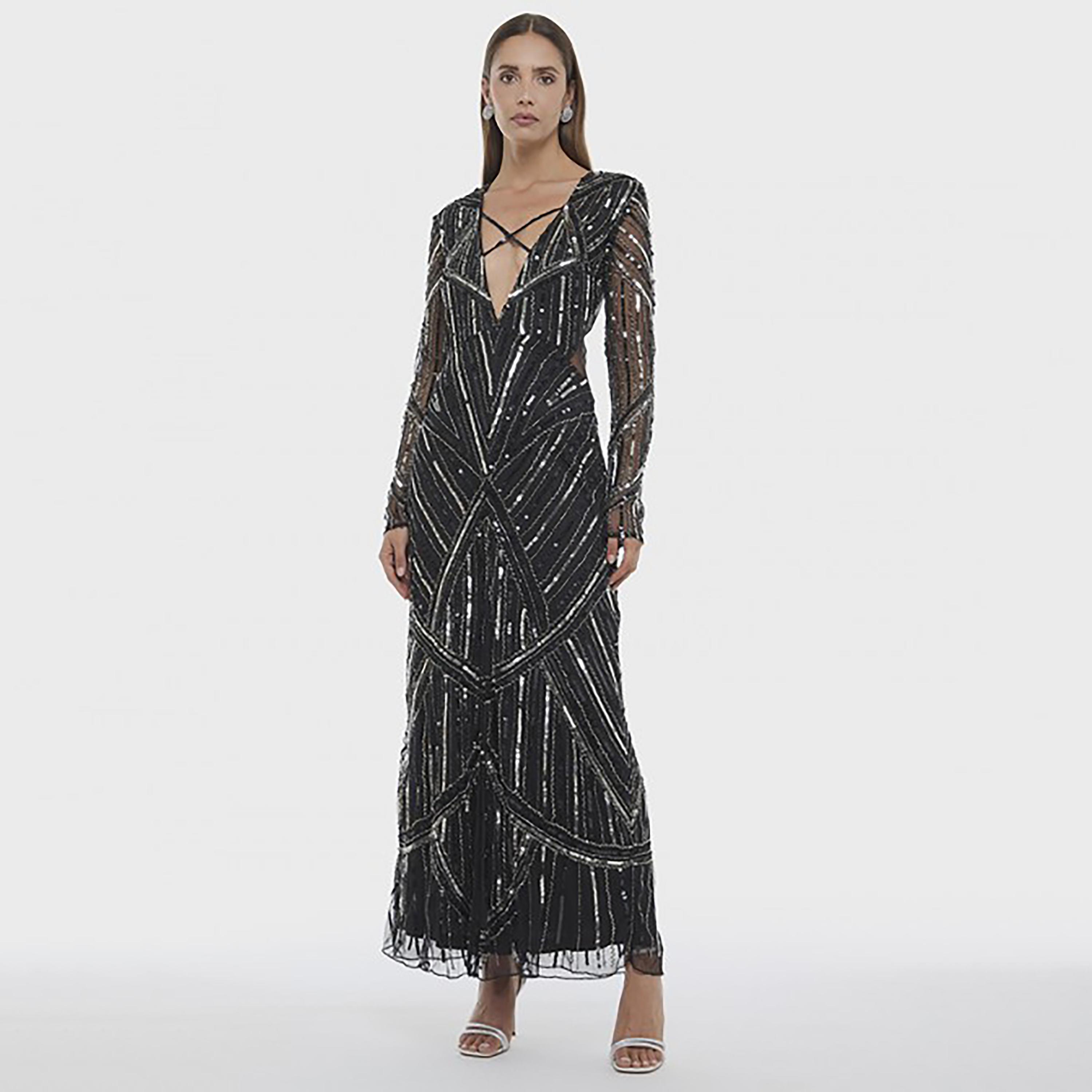 فستان سهرة ماكسي نسائي بتطريز ترتر وفتحة أمامية من بي سي بي جي-women-clothing-dresses-image-2