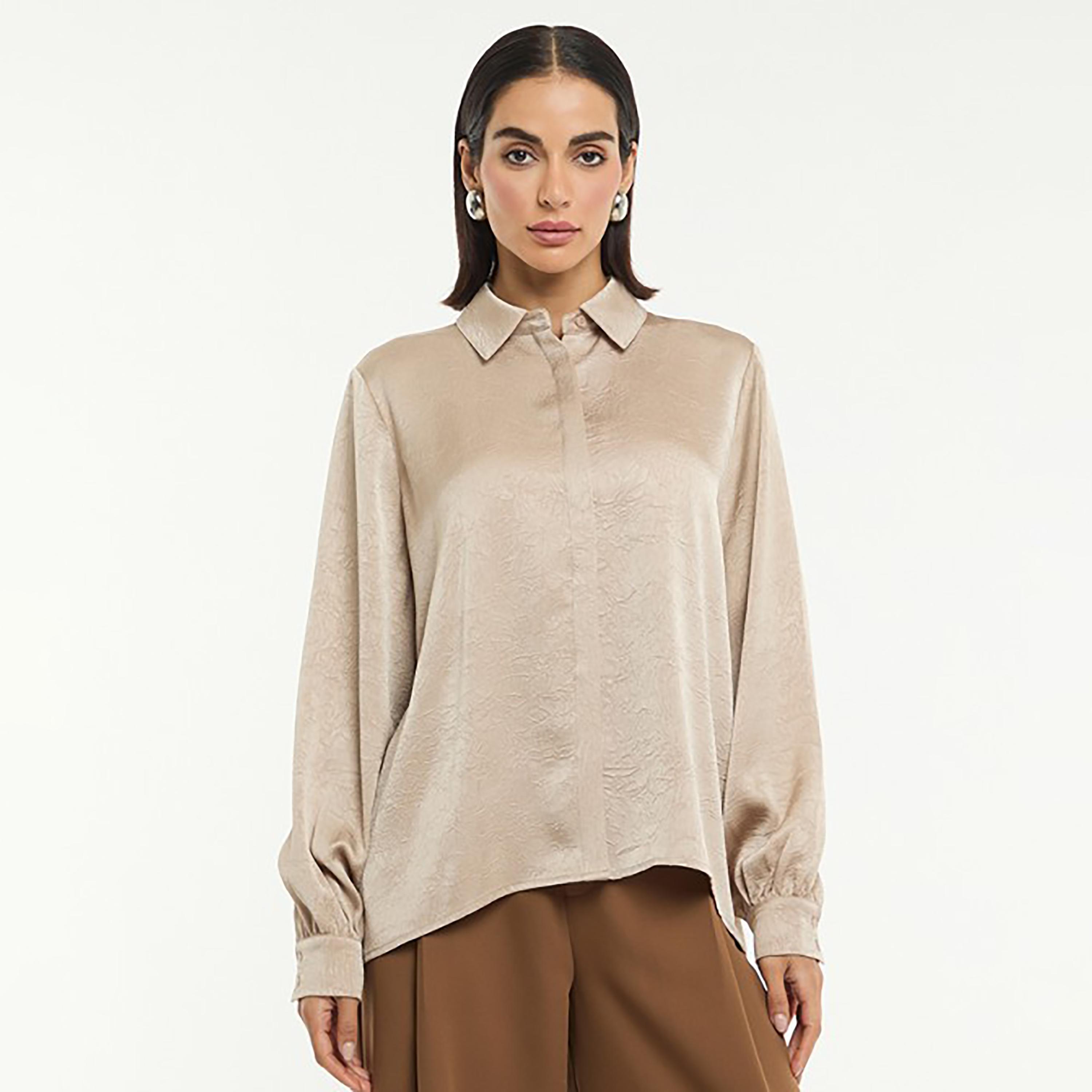 BCBG Beige Satin Women's Oversized Shirt-women-clothing-shirtsandblouses-shirts-image-1