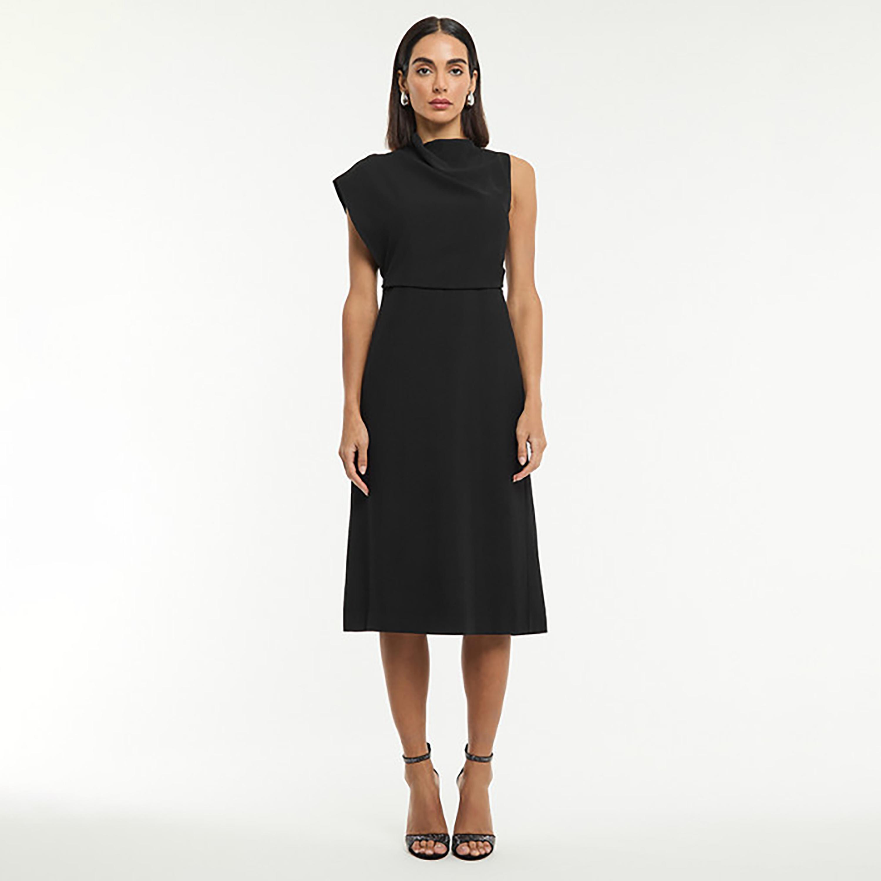BCBG Black Draped Neck Sheath Women's Midi Dress-women-clothing-dresses-image-1