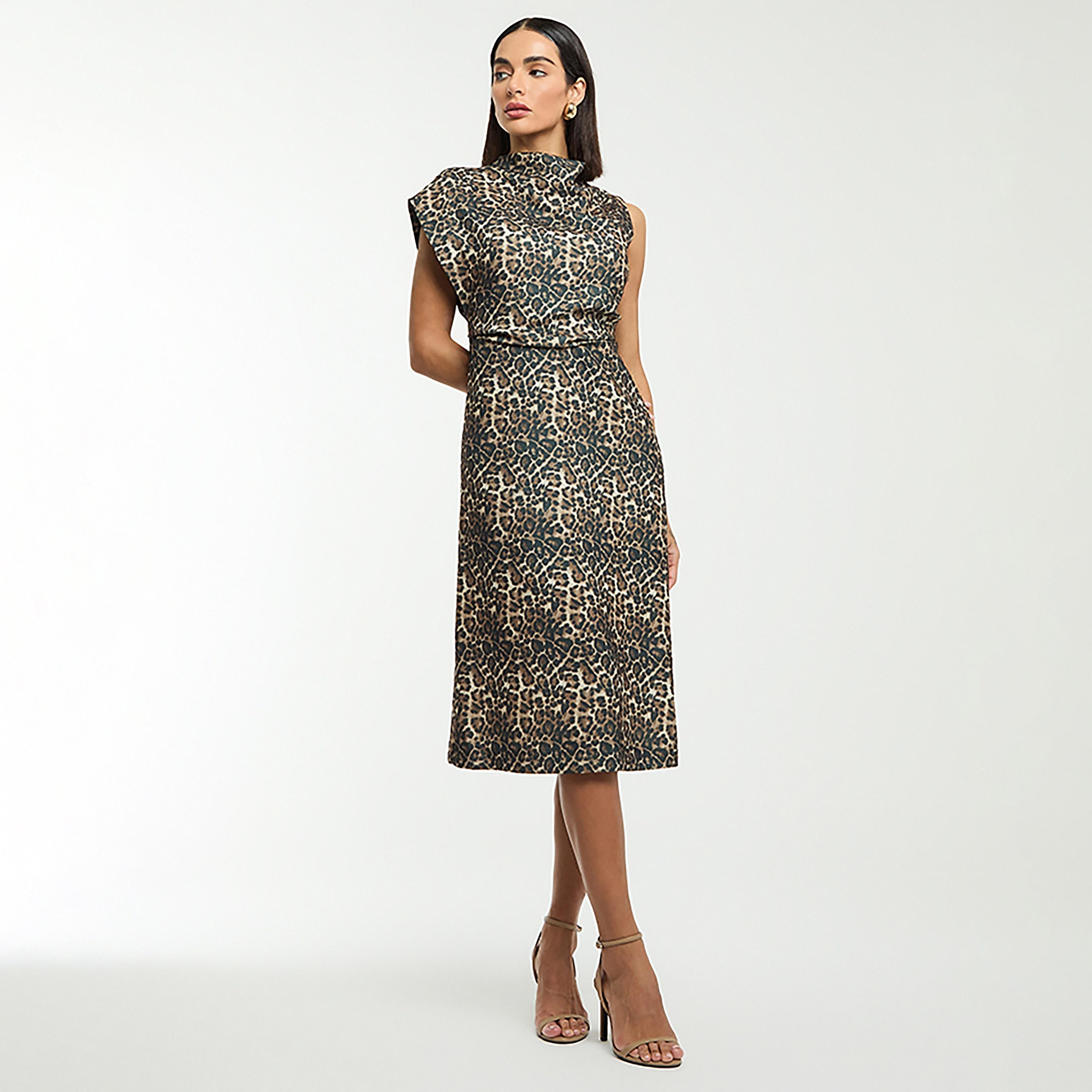 BCBG Brown Animal Printed Draped Neck Sheath Women's Midi Dress-women-clothing-dresses-image-2