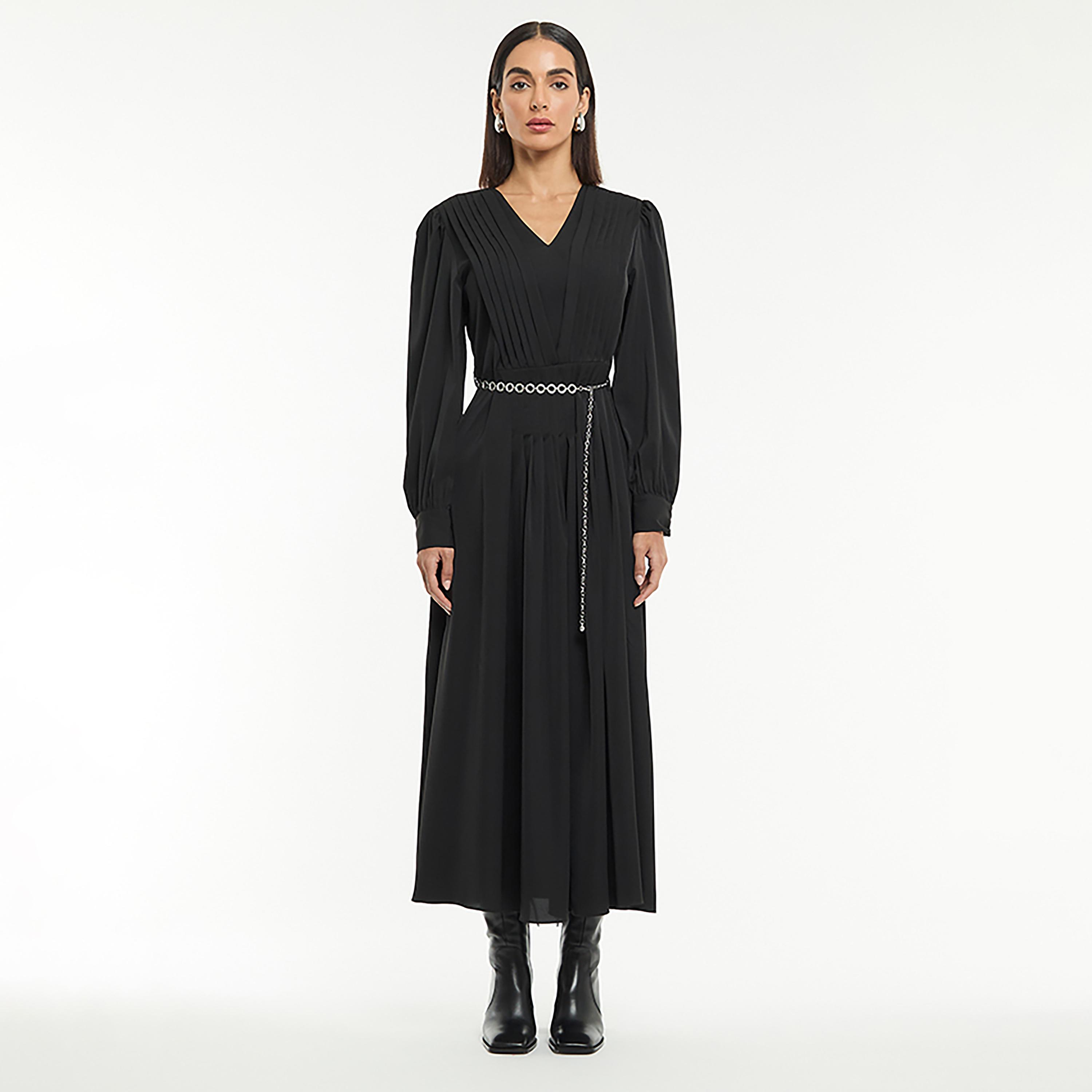 BCBG Pleated Puff Sleeves Women's Maxi Dress with Chain Belt-women-clothing-dresses-image-1