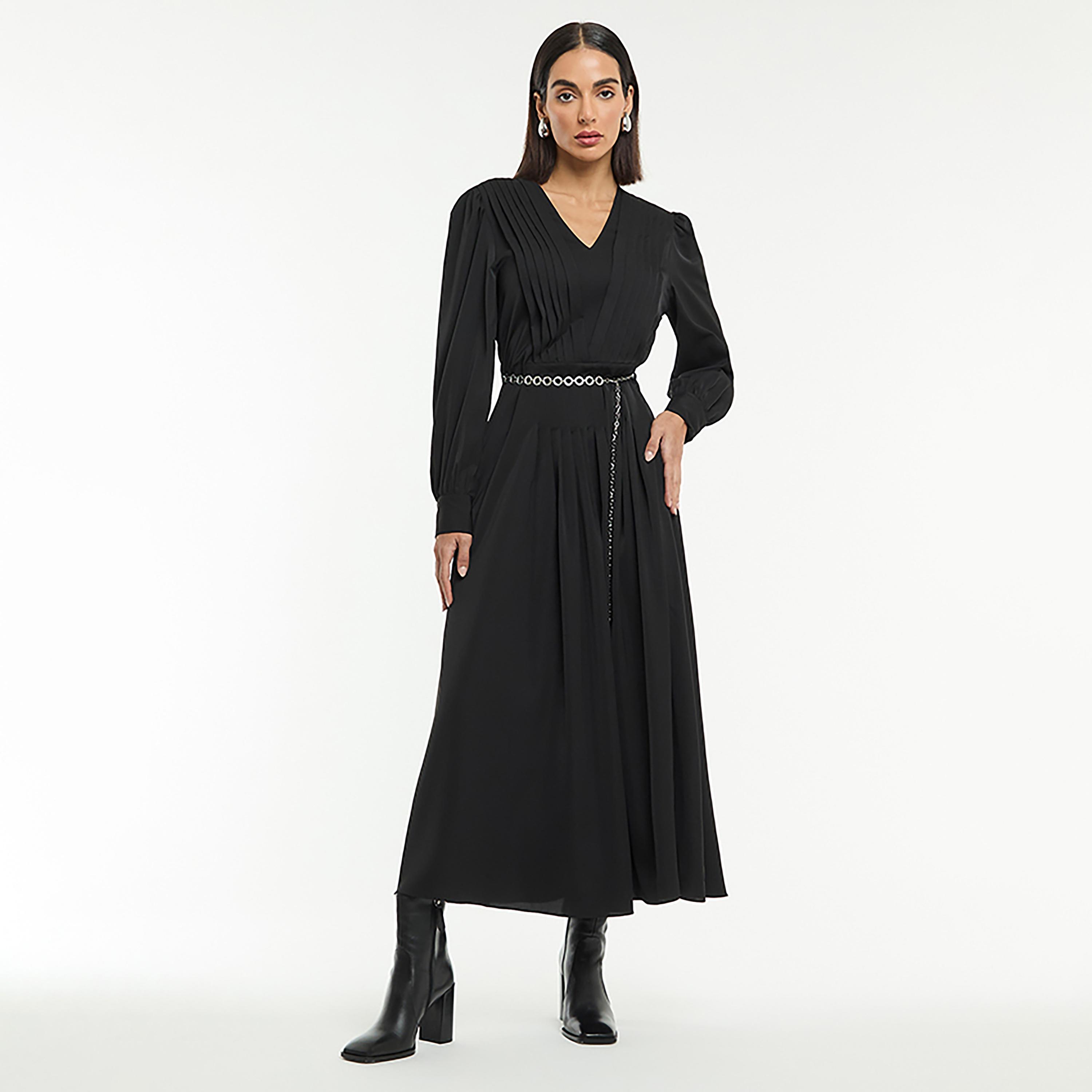 BCBG Pleated Puff Sleeves Women's Maxi Dress with Chain Belt-women-clothing-dresses-image-2