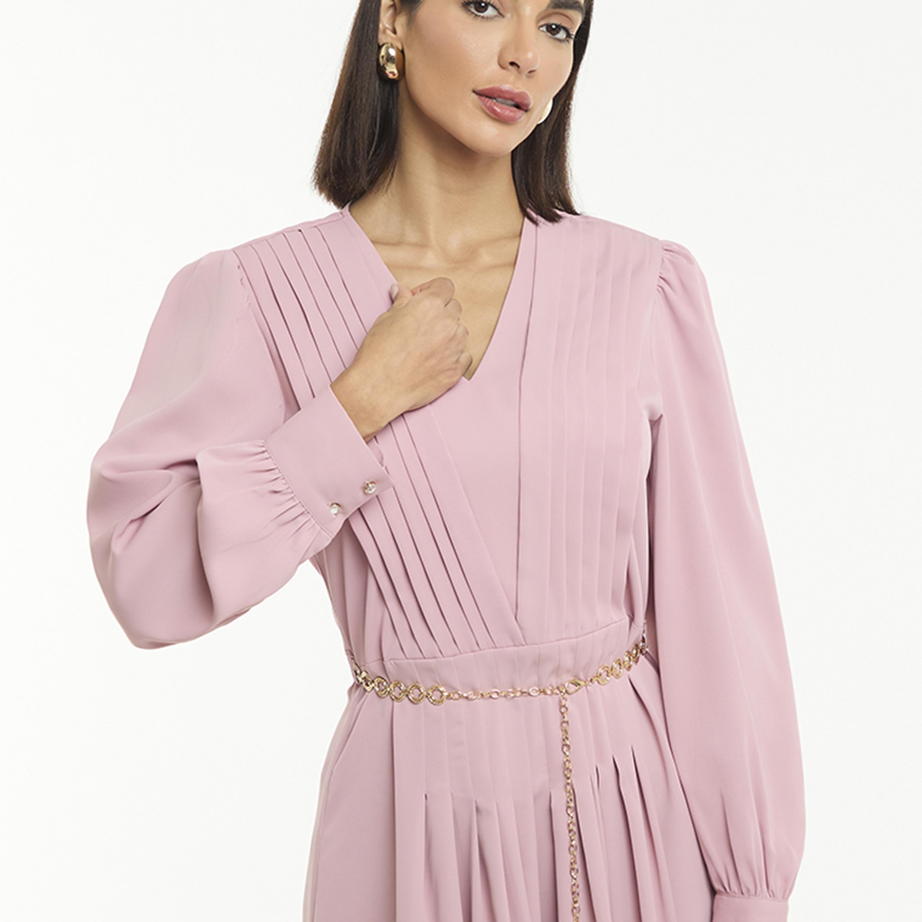 BCBG Pleated Puff Sleeves Women's Maxi Dress with Chain Belt-women-clothing-dresses-image-8