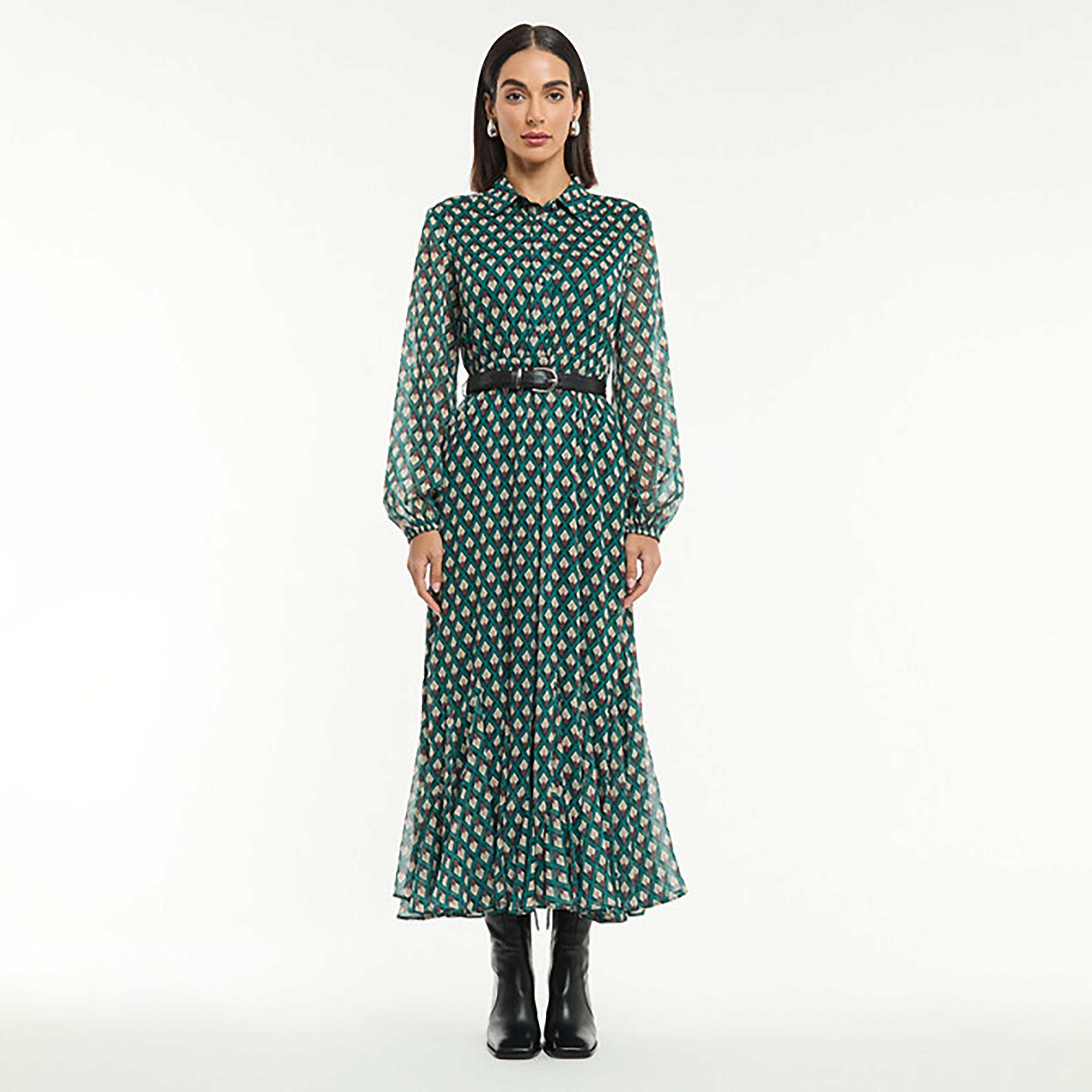 BCBG Green All Over Printed Satin Women's Maxi Shirt Dress with Belt-women-clothing-dresses-image-1