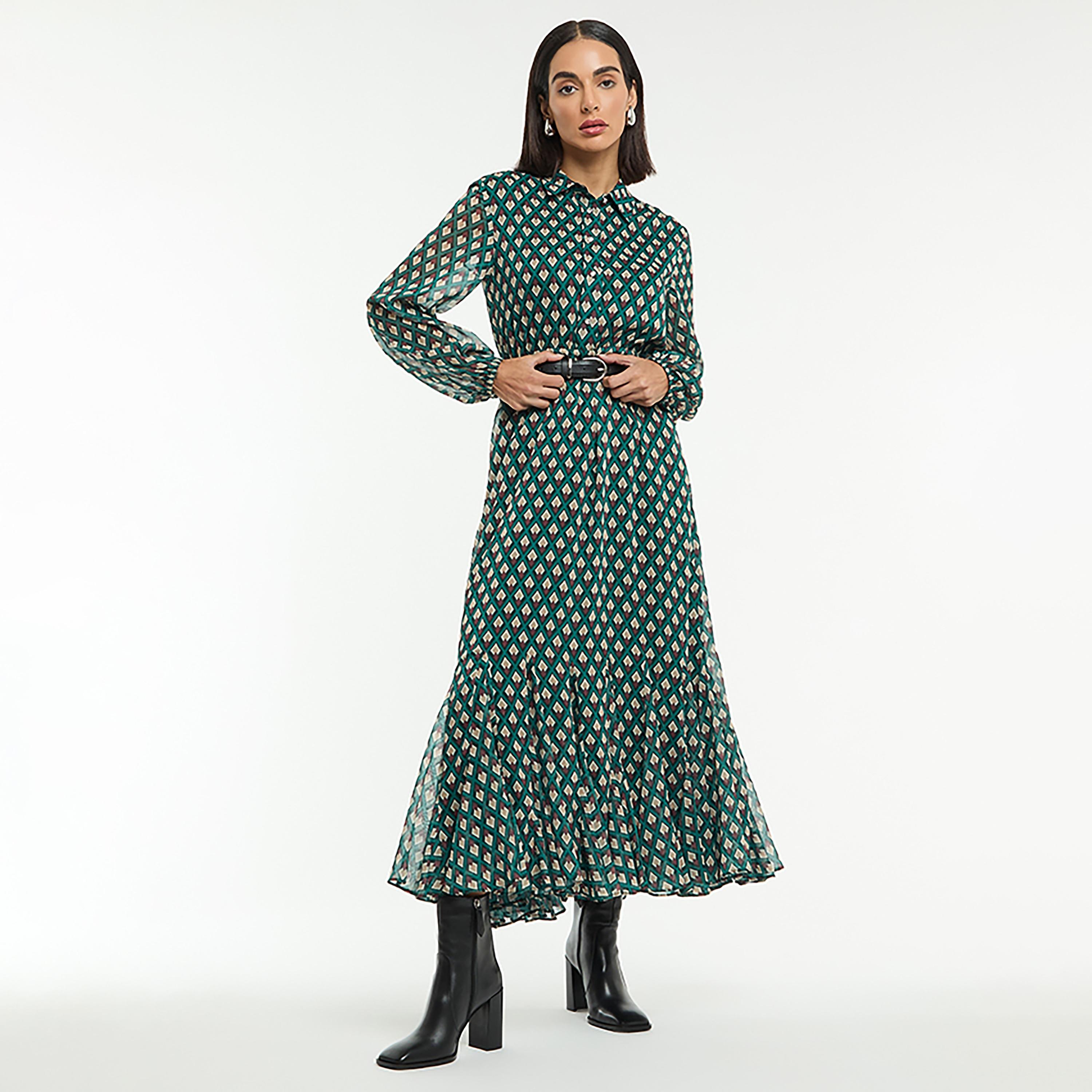 BCBG Green All Over Printed Satin Women's Maxi Shirt Dress with Belt-women-clothing-dresses-image-2