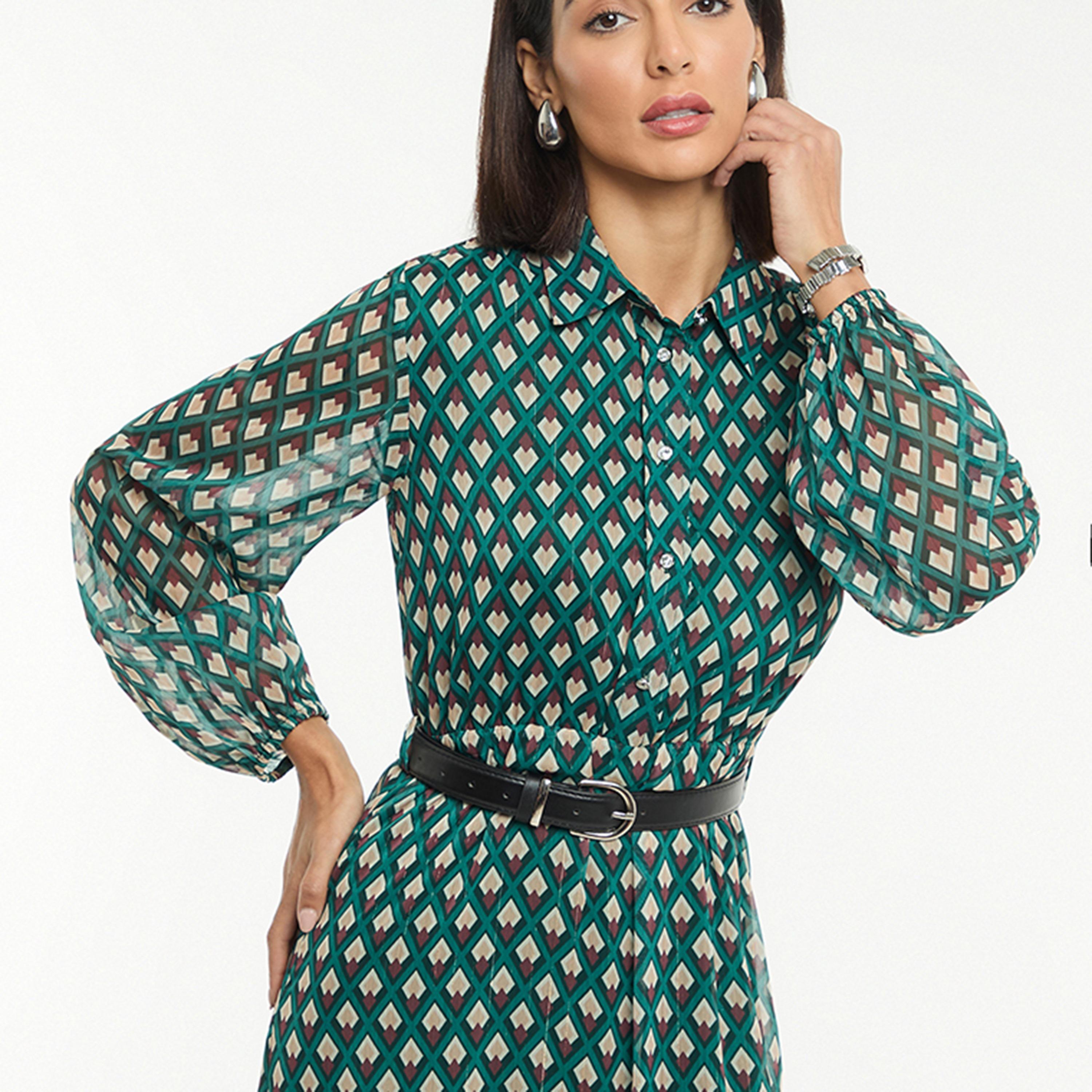 BCBG Green All Over Printed Satin Women's Maxi Shirt Dress with Belt-women-clothing-dresses-image-4