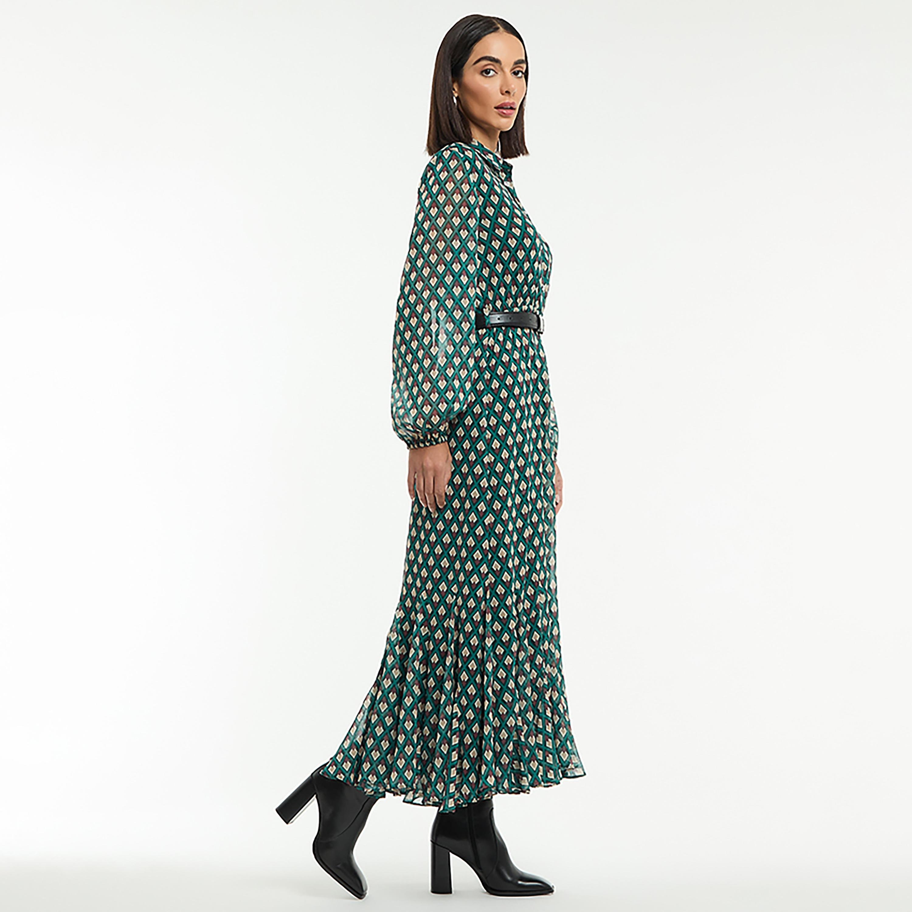 BCBG Green All Over Printed Satin Women's Maxi Shirt Dress with Belt-women-clothing-dresses-image-5