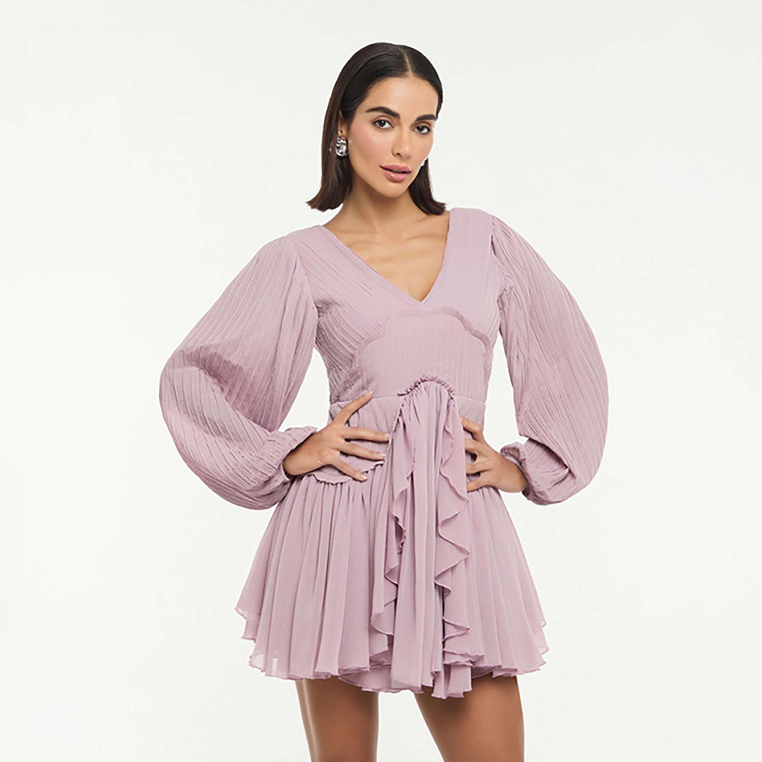 فستان ميني نسائي "بلاتيد" بكسرات وأكمام "بالون" مكشكشة بلون وردي من بي سي بي جي-women-clothing-dresses-image-1