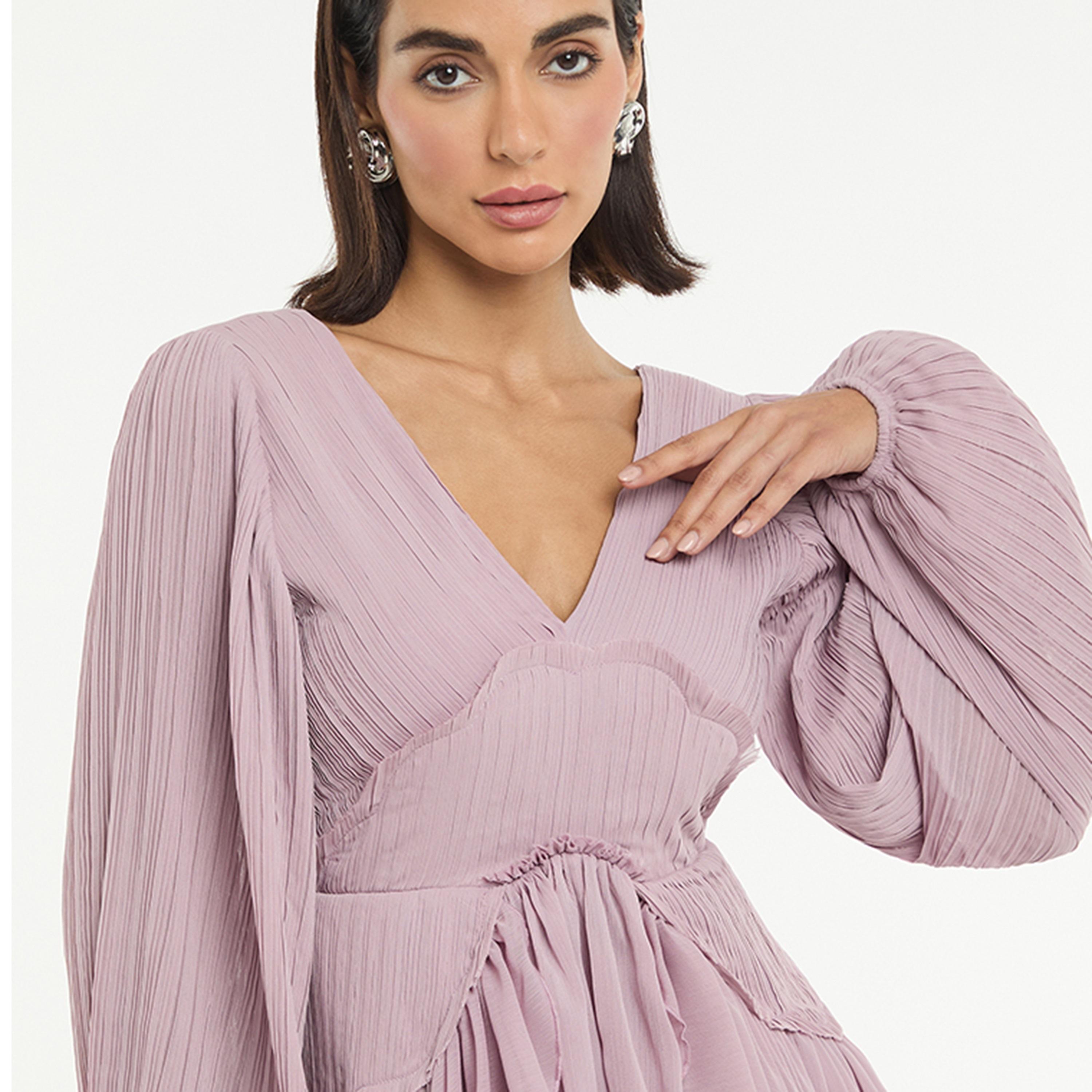 BCBG Pink Ruffled Balloon Sleeves Pleated Women's Mini Dress-women-clothing-dresses-image-4