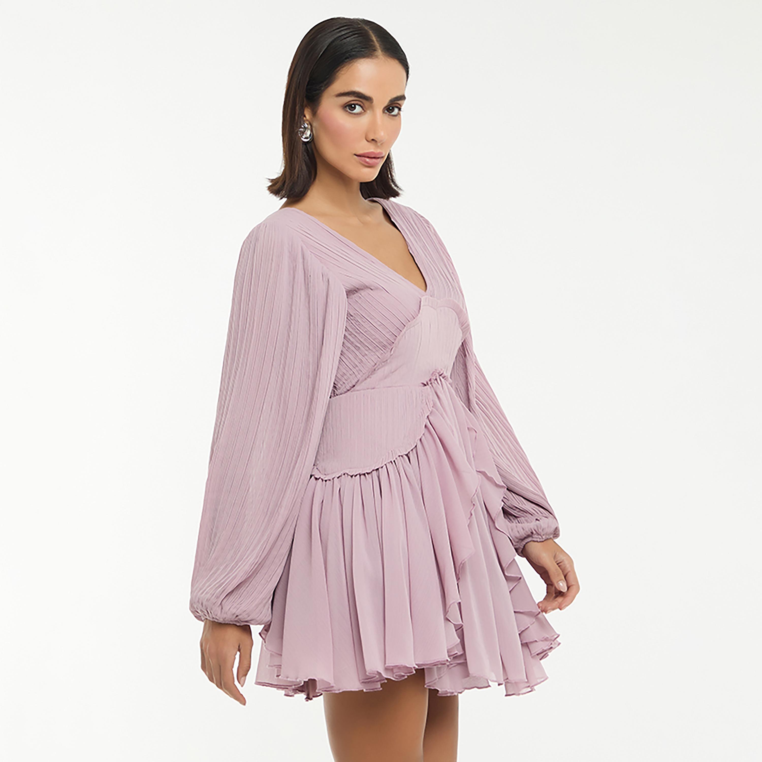 فستان ميني نسائي "بلاتيد" بكسرات وأكمام "بالون" مكشكشة بلون وردي من بي سي بي جي-women-clothing-dresses-image-5