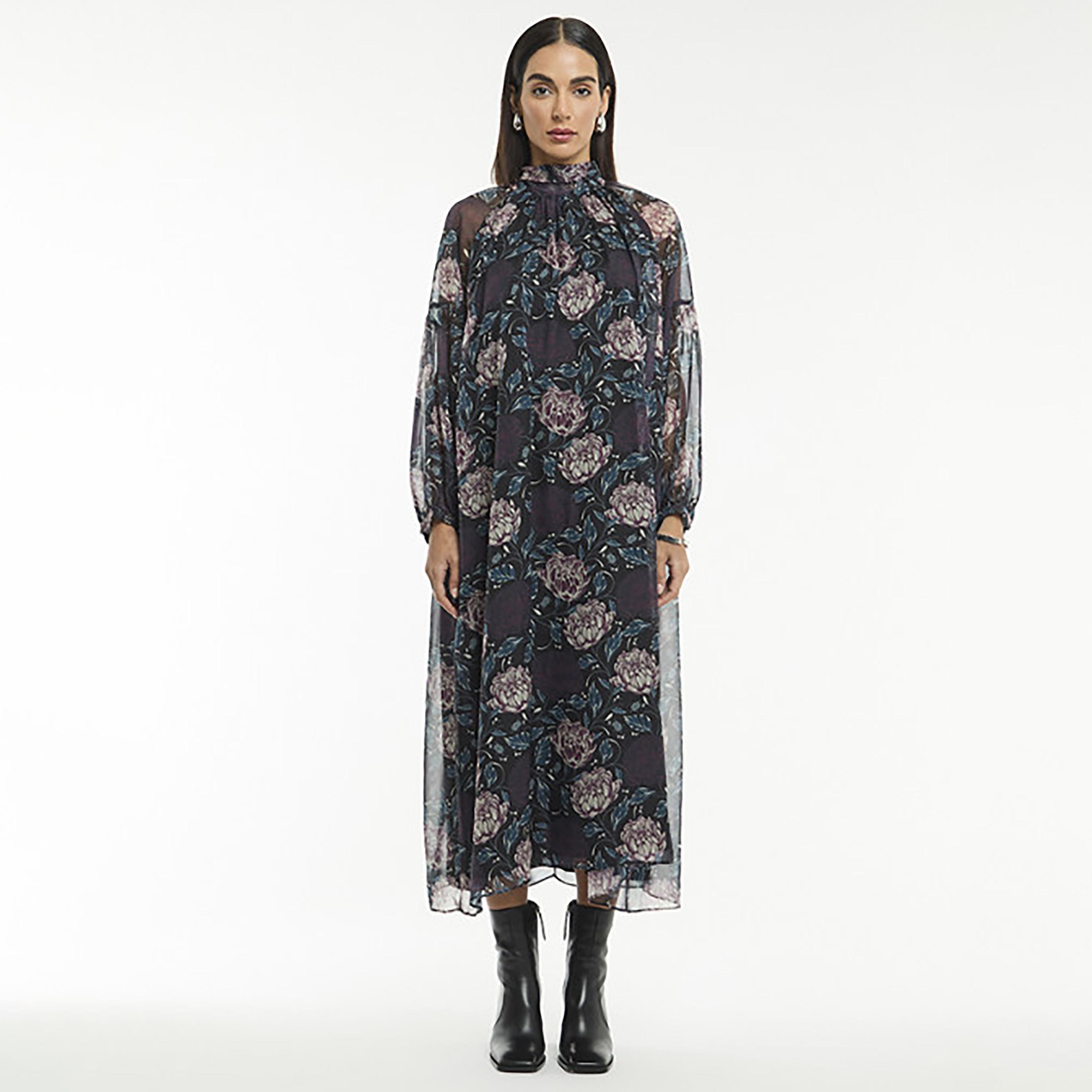 فستان ميدي نسائي بأكمام شفافة وطبعة زهور بلون أسود من بي سي بي جي-women-clothing-dresses-image-1