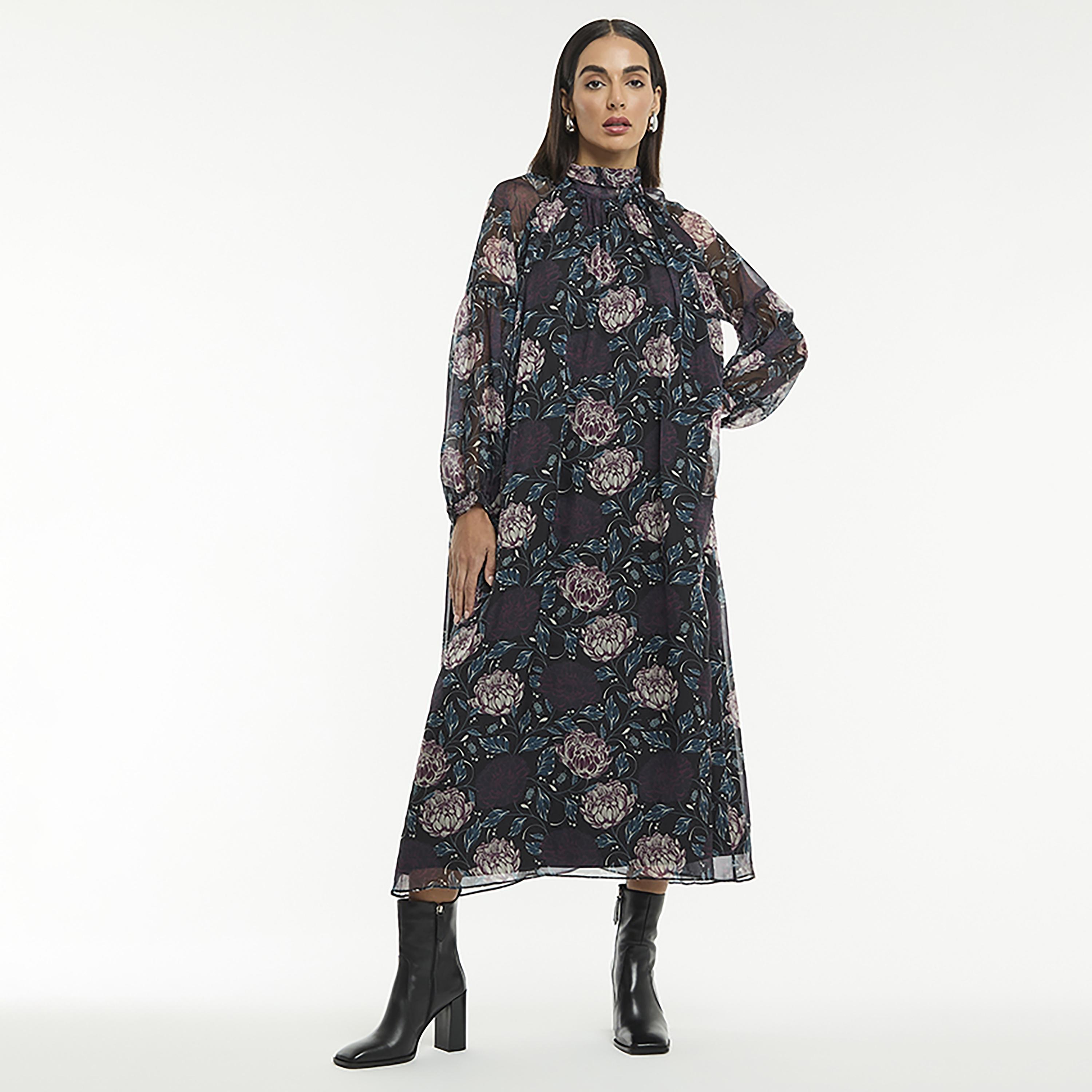 فستان ميدي نسائي بأكمام شفافة وطبعة زهور بلون أسود من بي سي بي جي-women-clothing-dresses-image-2