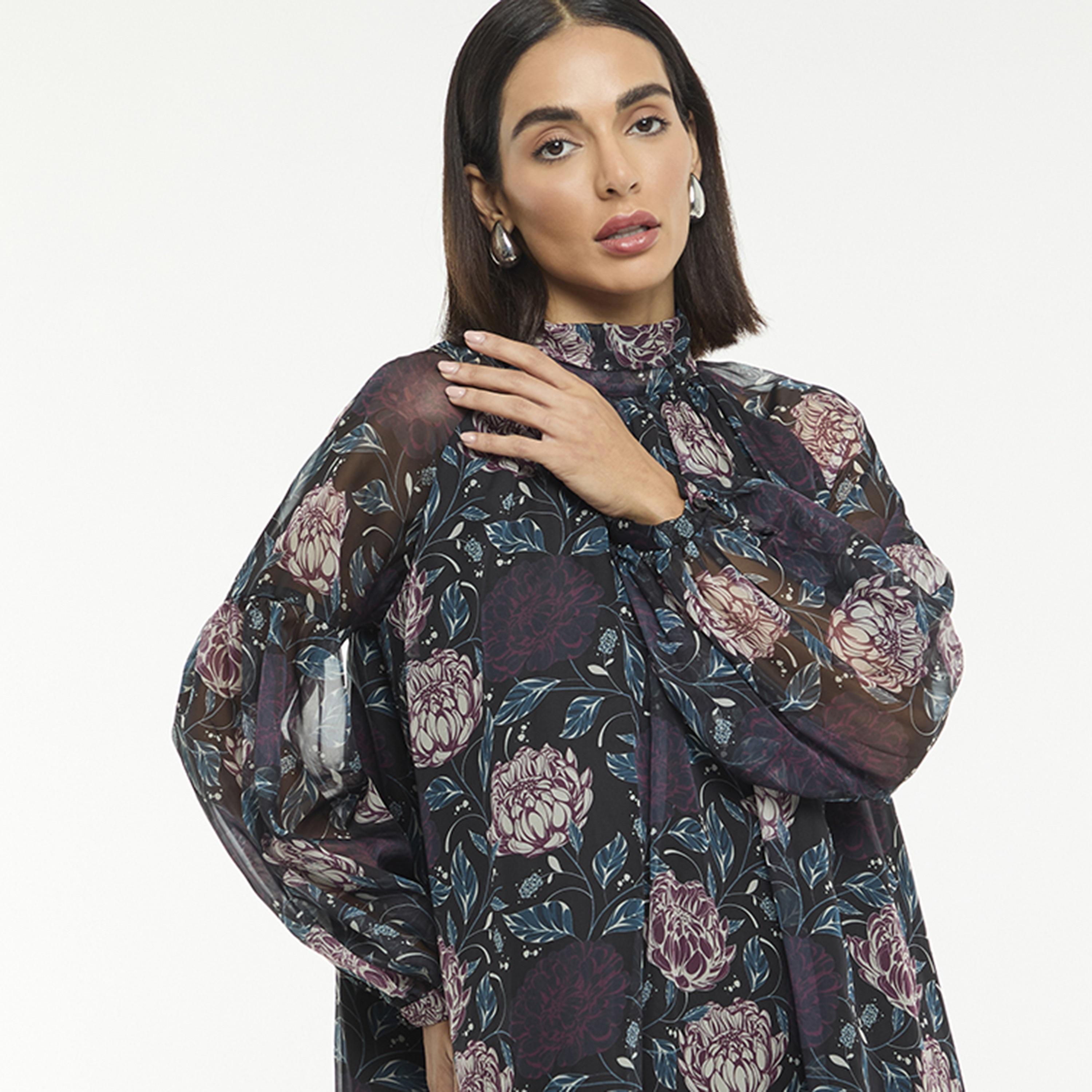 فستان ميدي نسائي بأكمام شفافة وطبعة زهور بلون أسود من بي سي بي جي-women-clothing-dresses-image-4