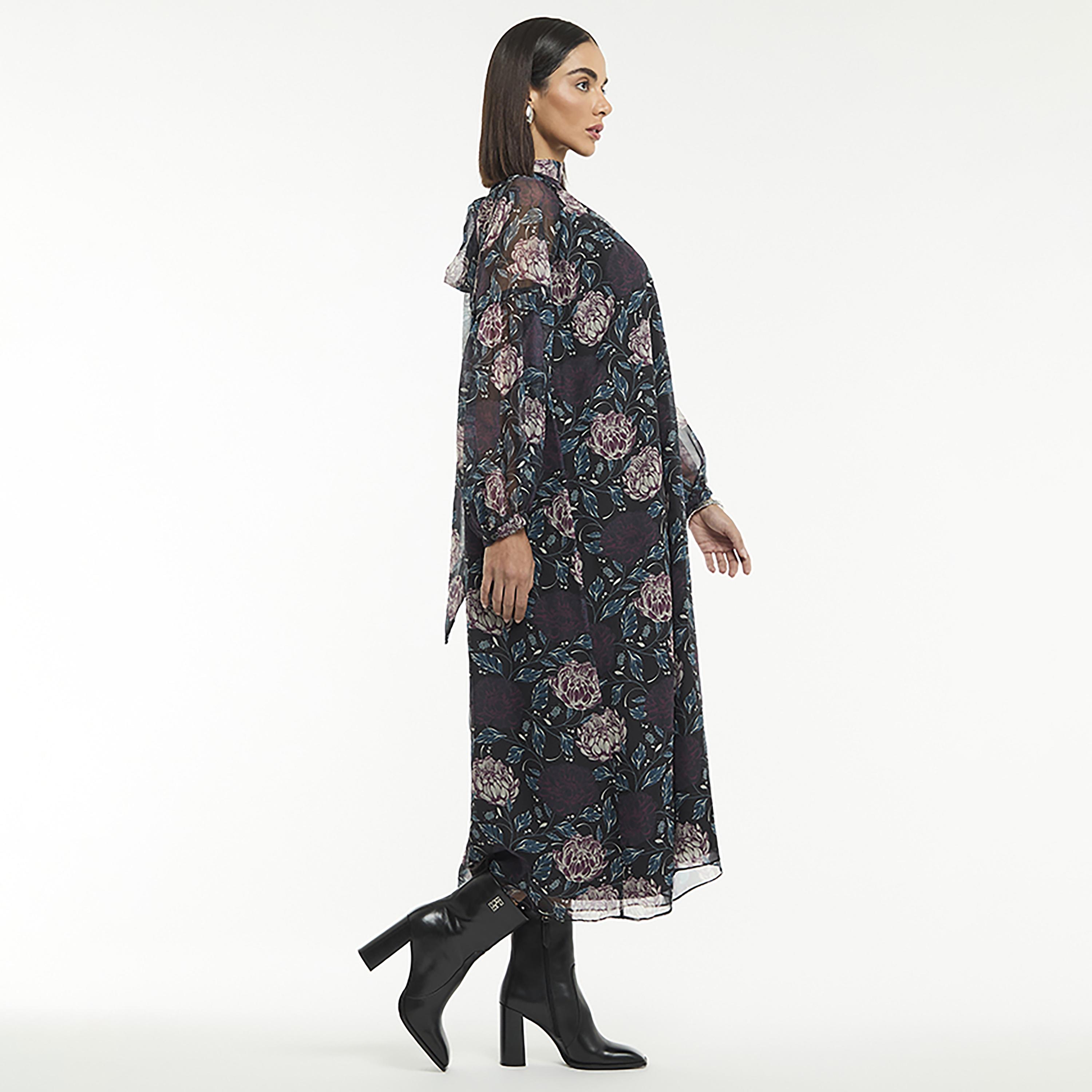 BCBG Black Floral Printed Sheer Sleeves Women's Midi Dress-women-clothing-dresses-image-5