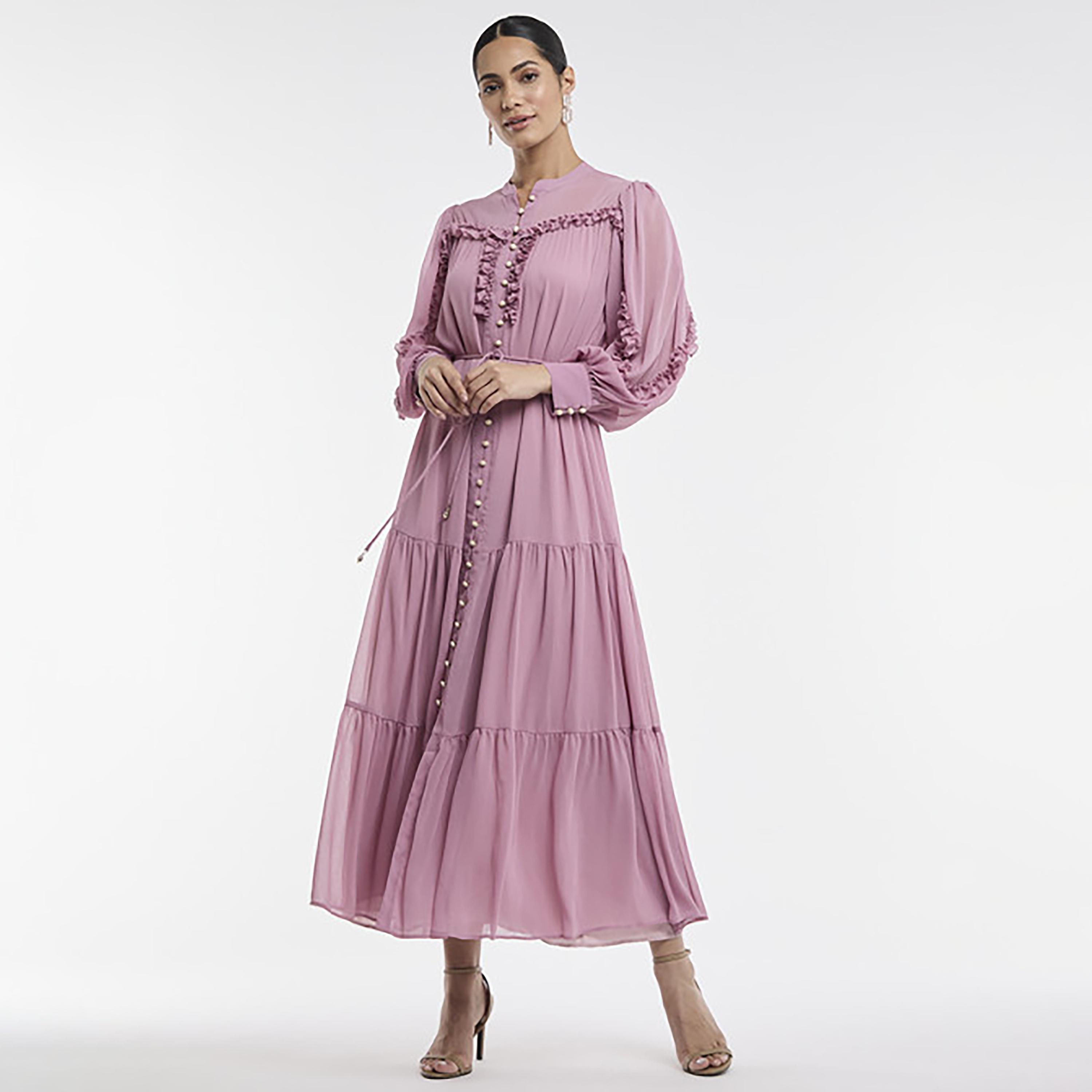 BCBG Pink Ruffled Chiffon Mandarin Collar Tiered Women's Maxi Dress-women-clothing-dresses-image-1