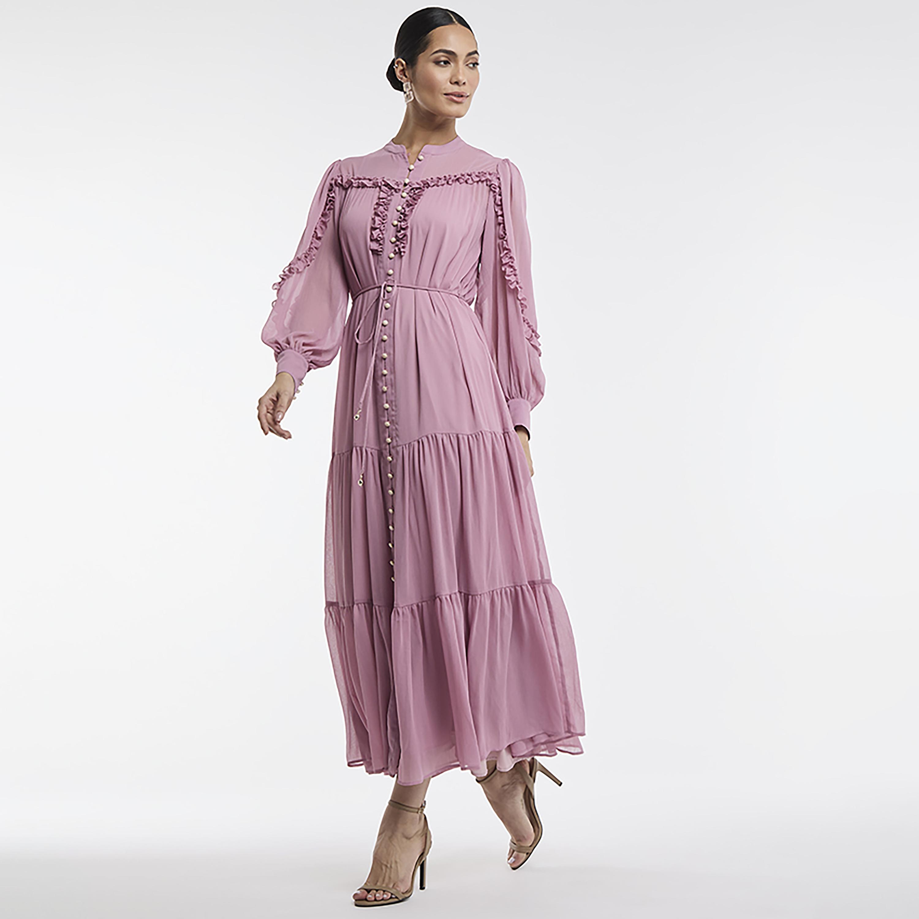 فستان ماكسي "تيرد" بياقة "ماندارين" وشيفون مكشكش بلون وردي من بي سي بي جي-women-clothing-dresses-image-2