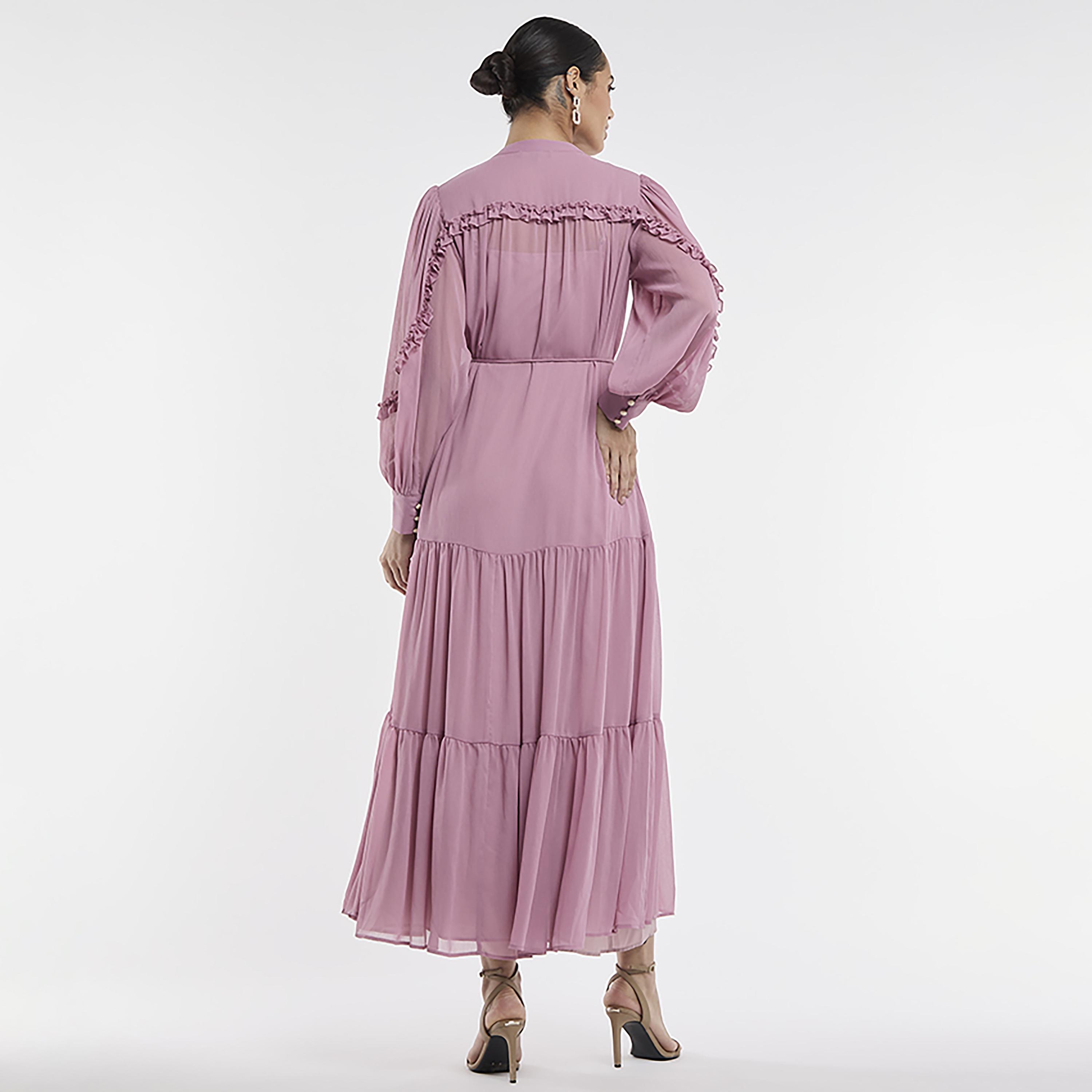 فستان ماكسي "تيرد" بياقة "ماندارين" وشيفون مكشكش بلون وردي من بي سي بي جي-women-clothing-dresses-image-3
