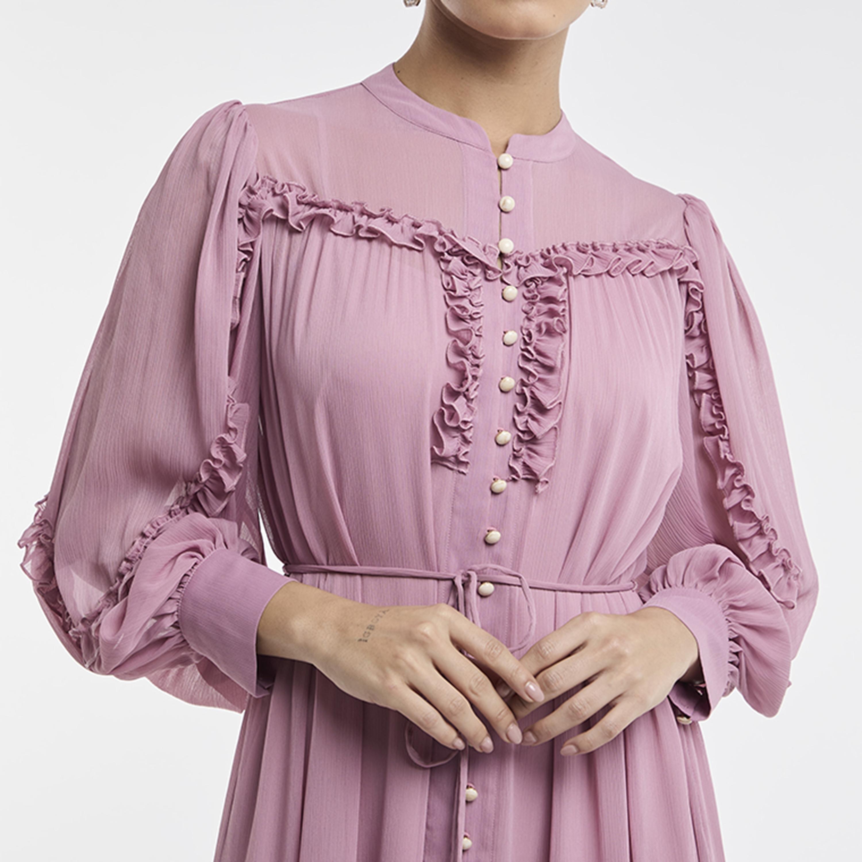 BCBG Pink Ruffled Chiffon Mandarin Collar Tiered Women's Maxi Dress-women-clothing-dresses-image-4