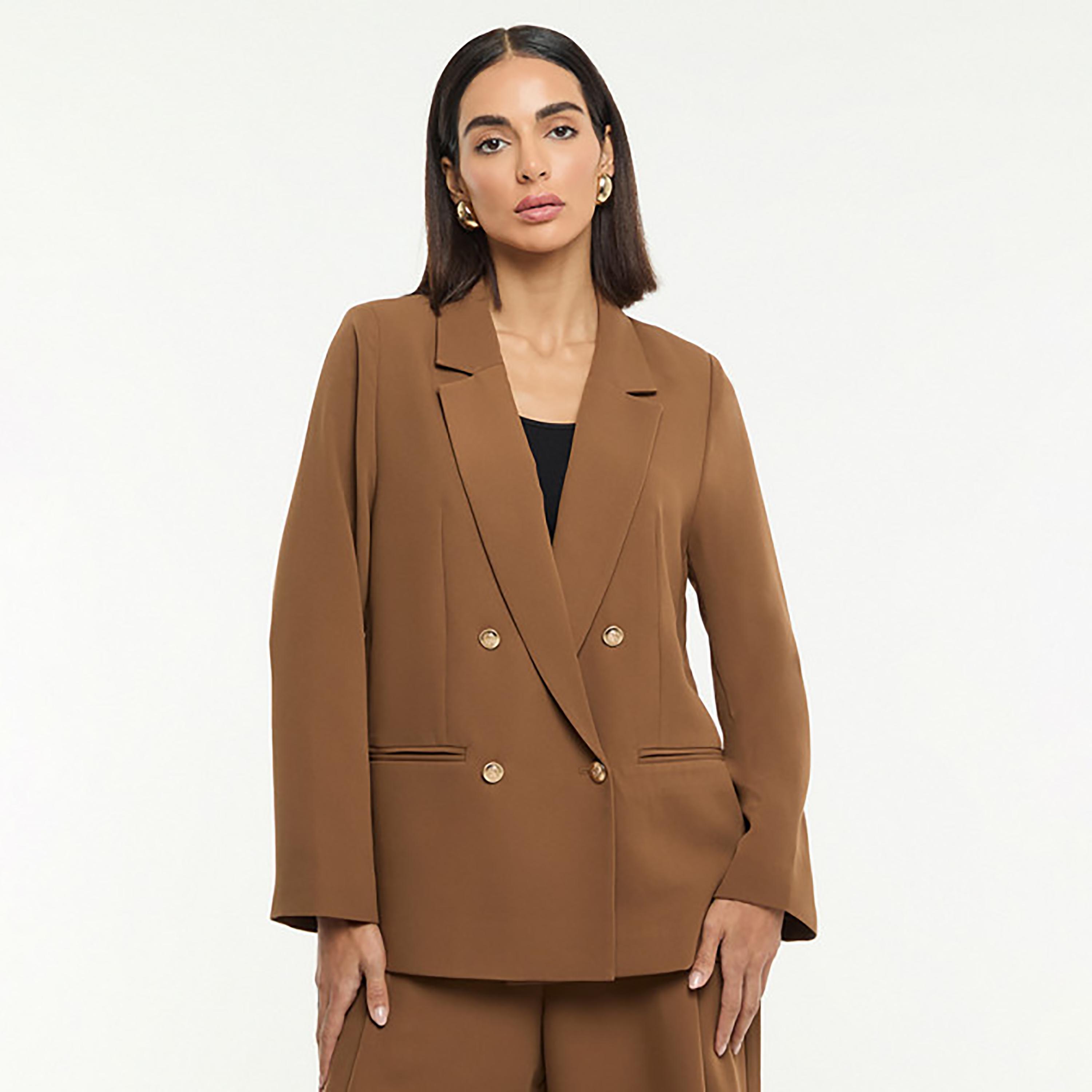 BCBG Brown Lapel Collar Women's Double Breasted Blazer-women-clothing-coatsandjackets-blazers-image-1