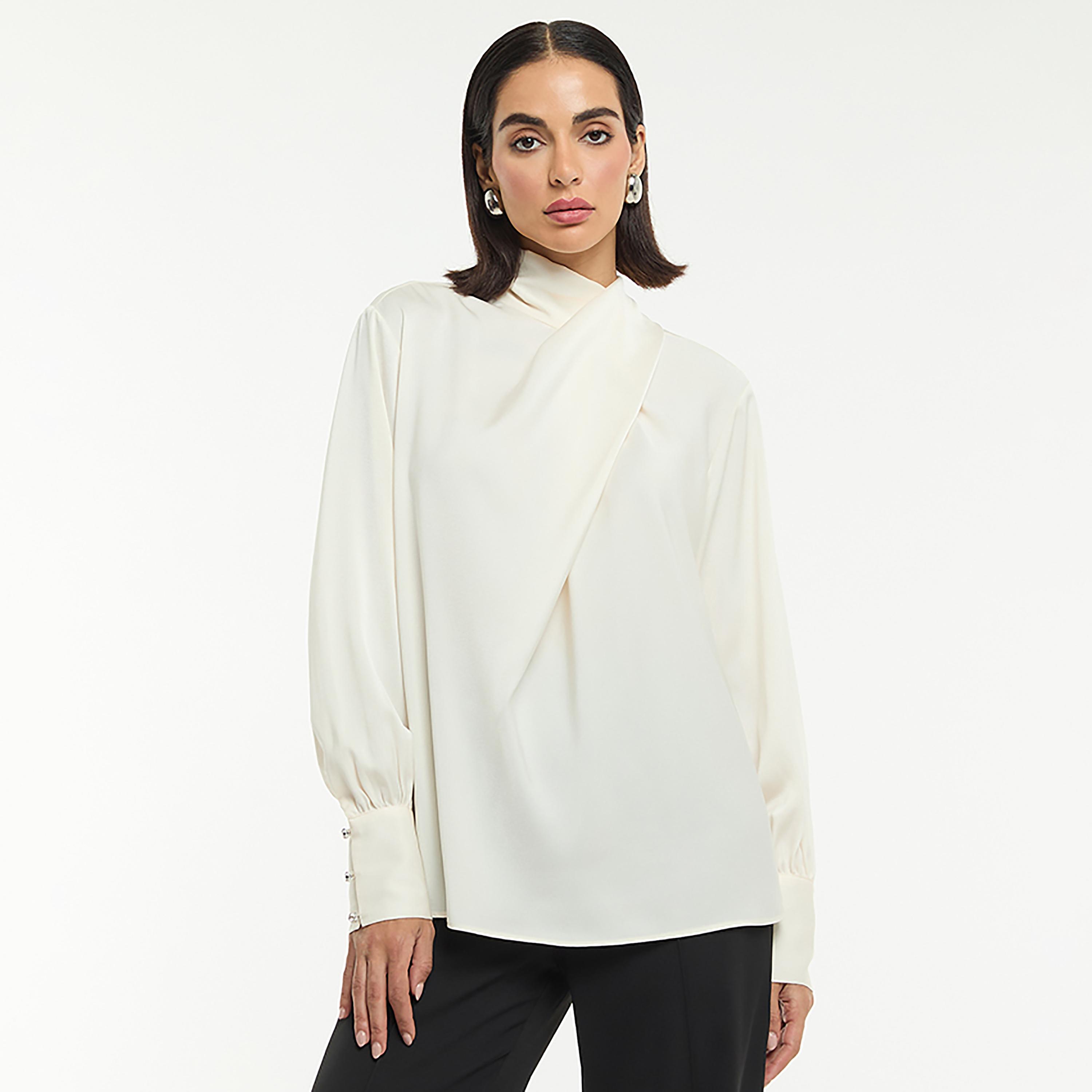 BCBG Satin Draped Neck Women's Top-women-clothing-shirtsandblouses-blouses-image-1