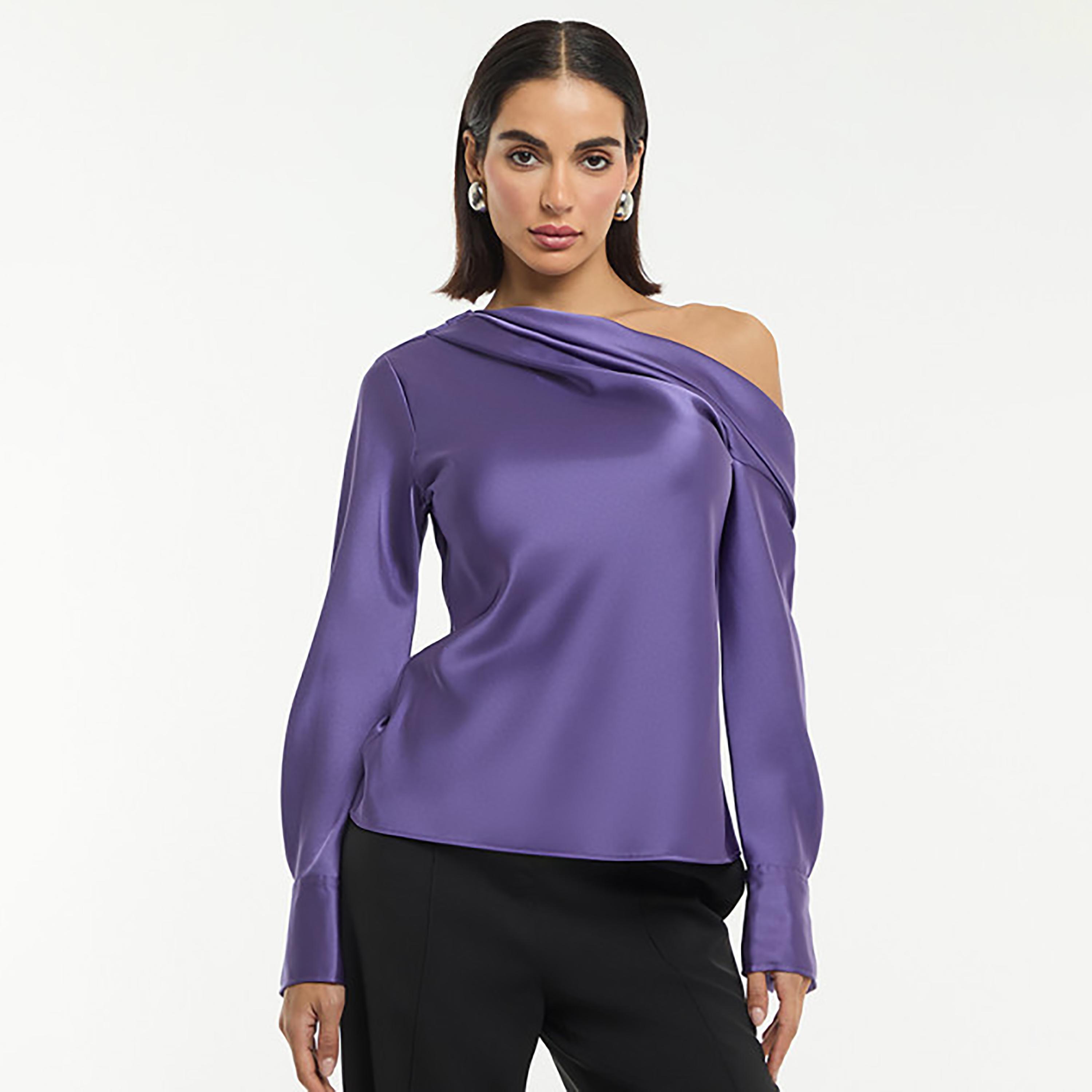 بلوزة ساتان نسائية بكتف واحد بلون أرجواني داكن من بي سي بي جي-women-clothing-shirtsandblouses-blouses-image-1